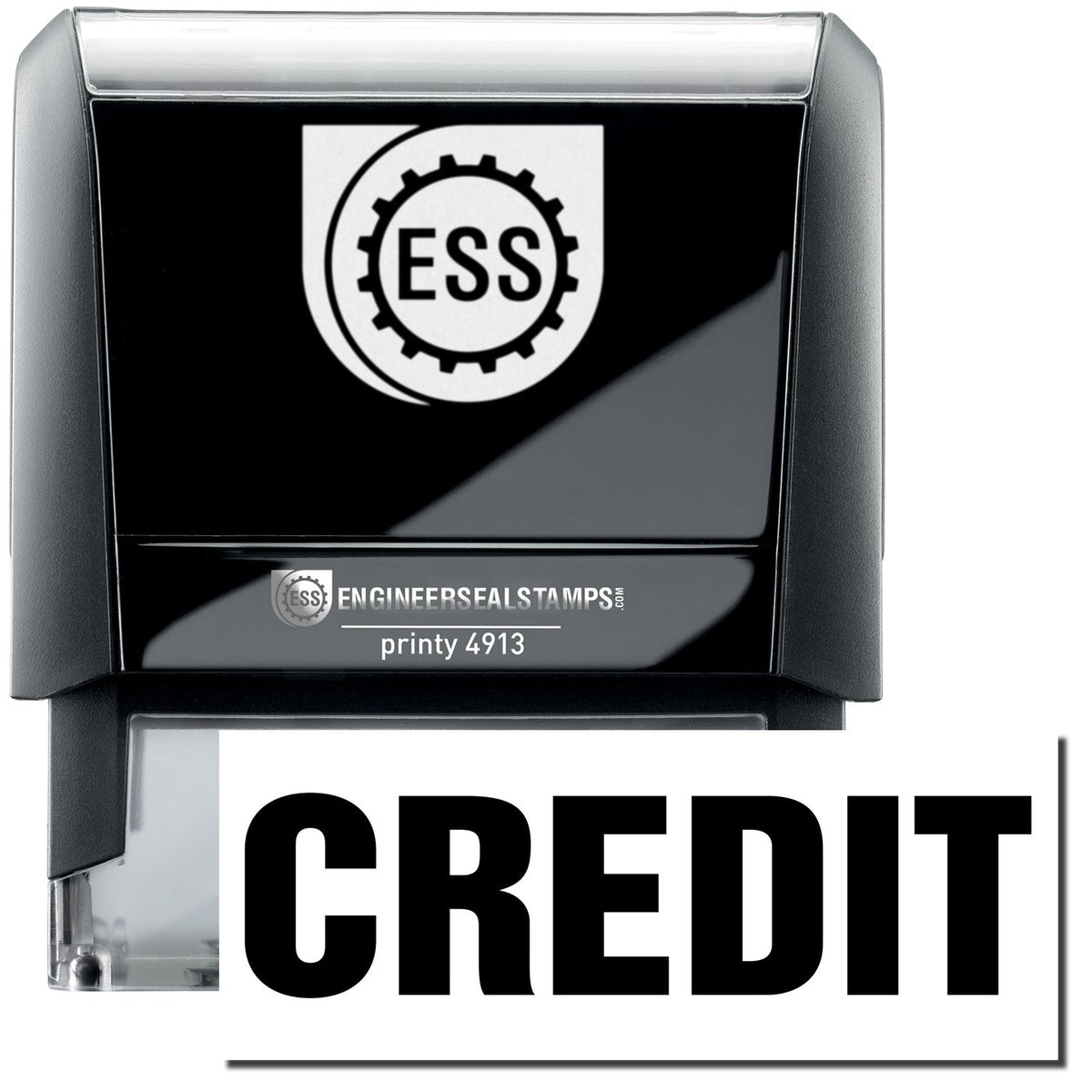 A self-inking stamp with a stamped image showing how the text &quot;CREDIT&quot; in a large bold font is displayed by it.