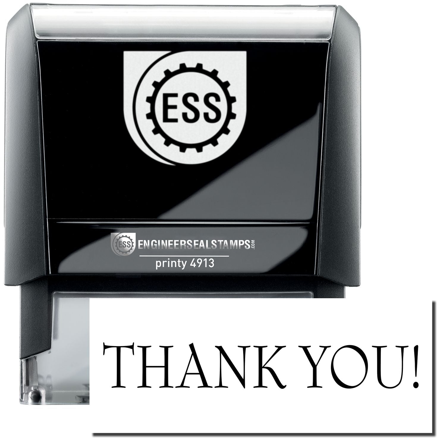 A self-inking stamp with a stamped image showing how the text "THANK YOU!" in a large font is displayed by it.