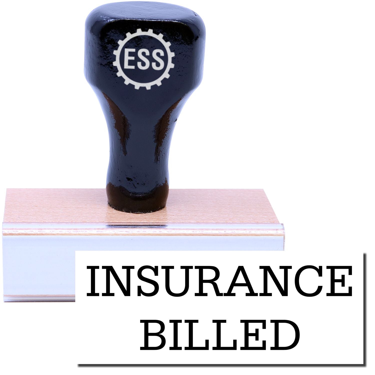 A stock office rubber stamp with a stamped image showing how the text "INSURANCE BILLED" in a large font is displayed after stamping.