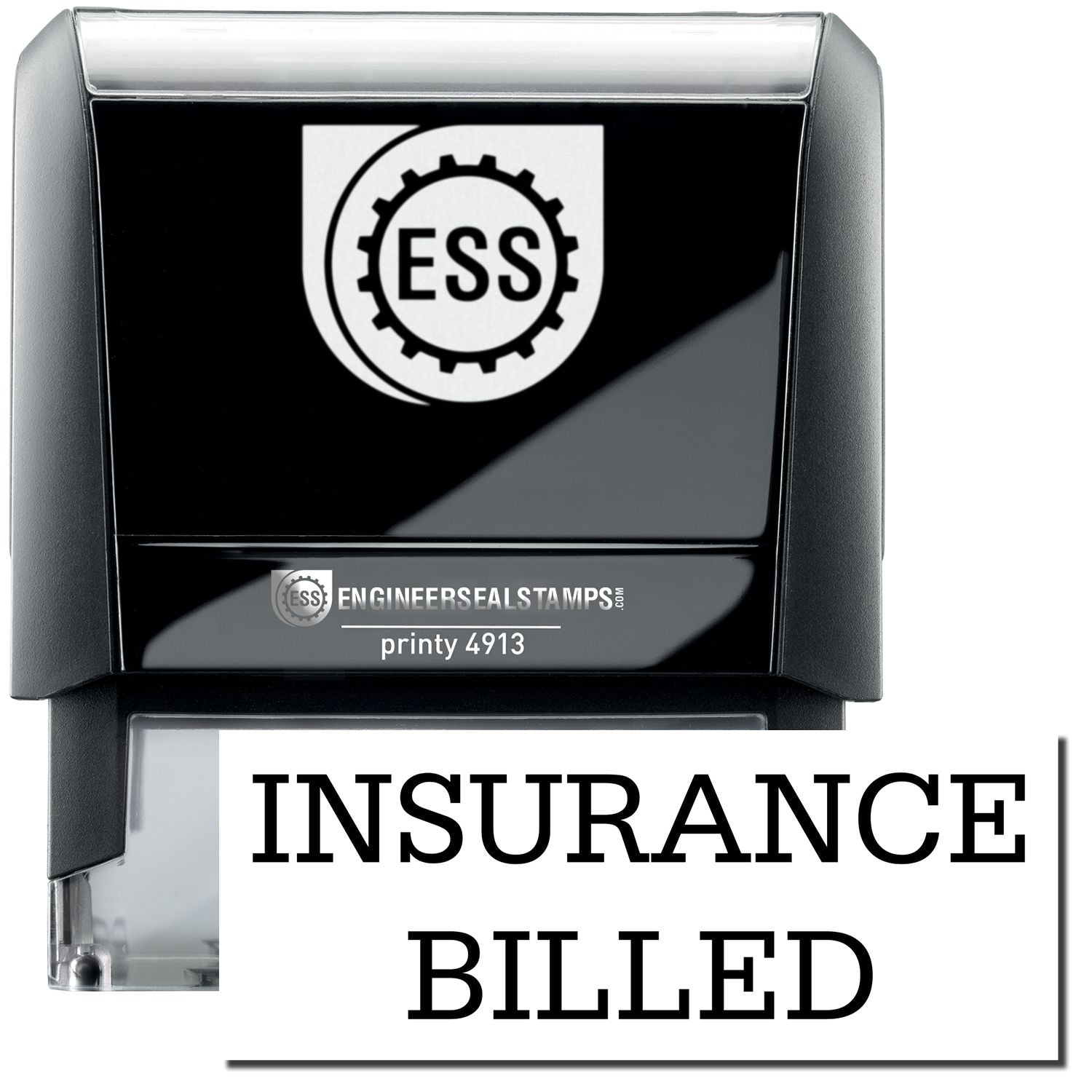 A self-inking stamp with a stamped image showing how the text INSURANCE BILLED in a large bold font is displayed by it.