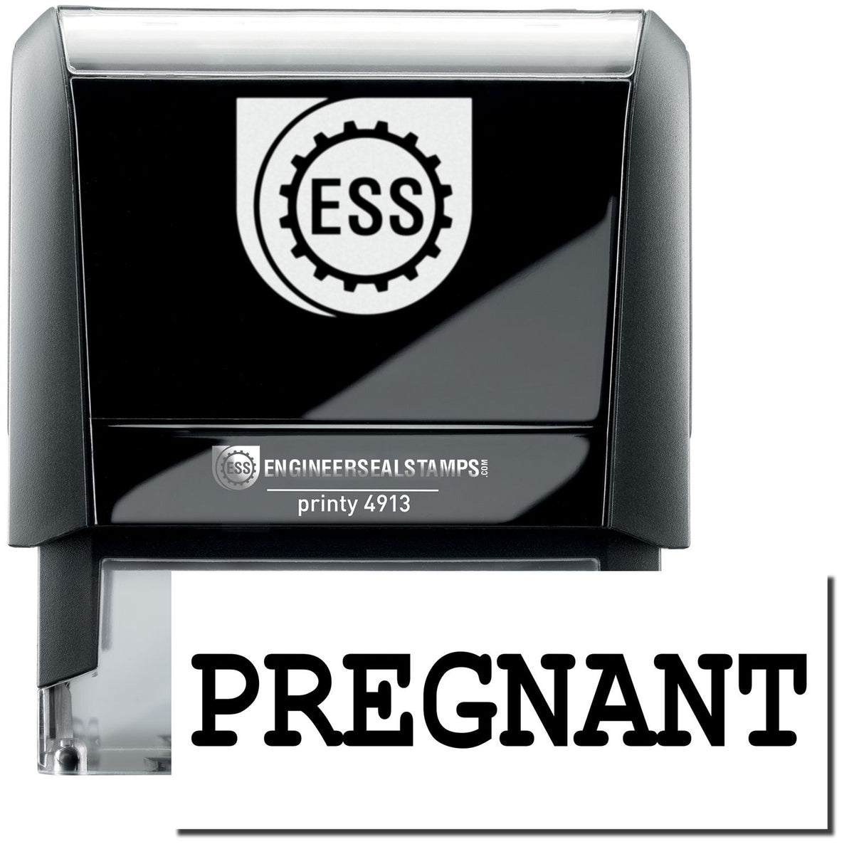 A self-inking stamp with a stamped image showing how the text &quot;PREGNANT&quot; in a large bold font is displayed by it.