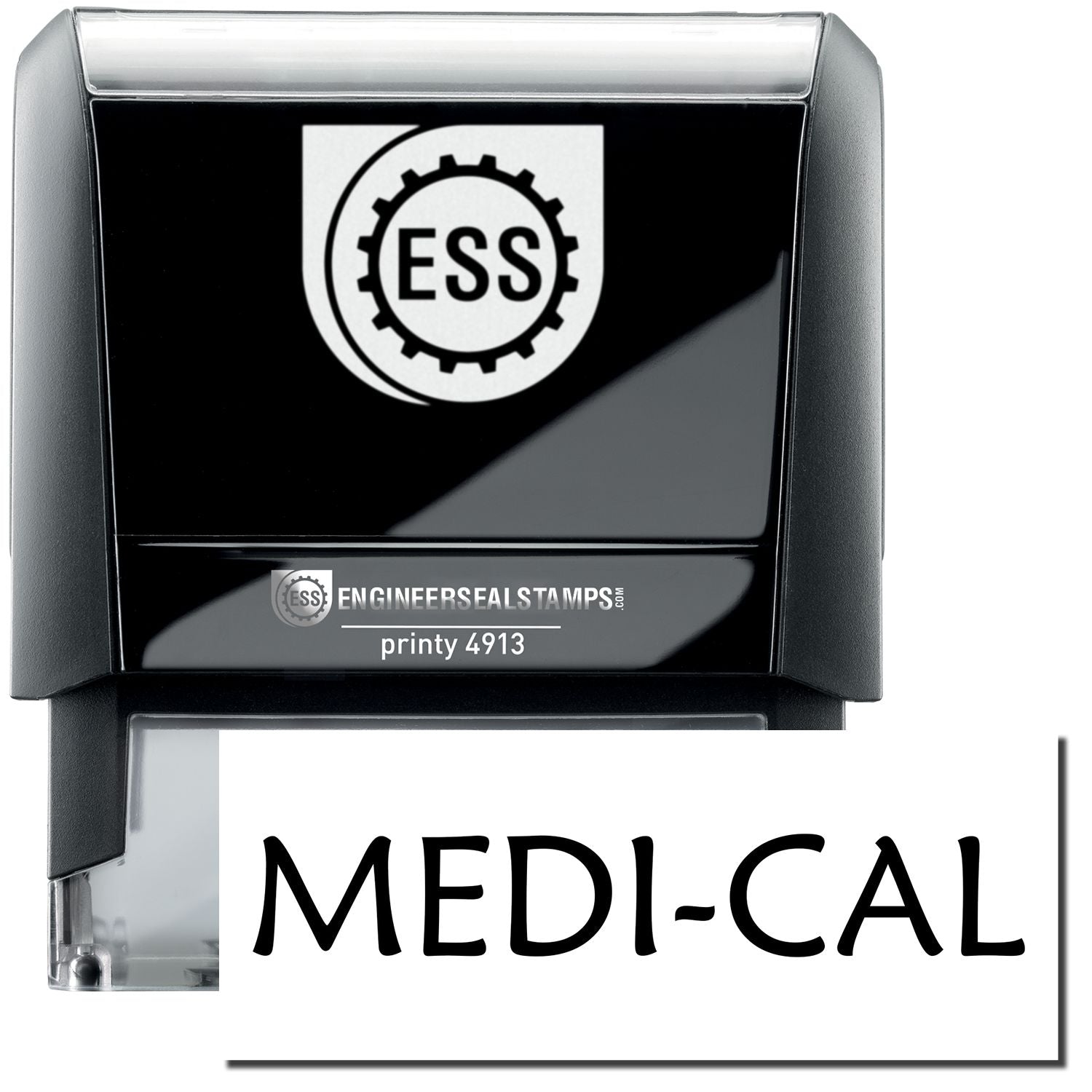 A self-inking stamp with a stamped image showing how the text MEDI-CAL in a large bold font is displayed by it.