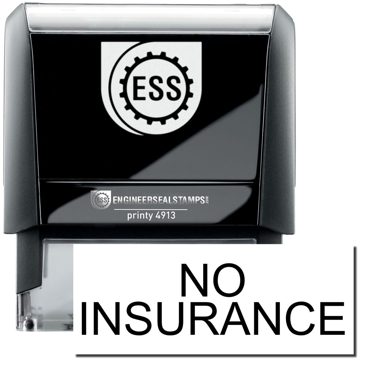 A self-inking stamp with a stamped image showing how the text &quot;NO INSURANCE&quot; in a large bold font is displayed by it.