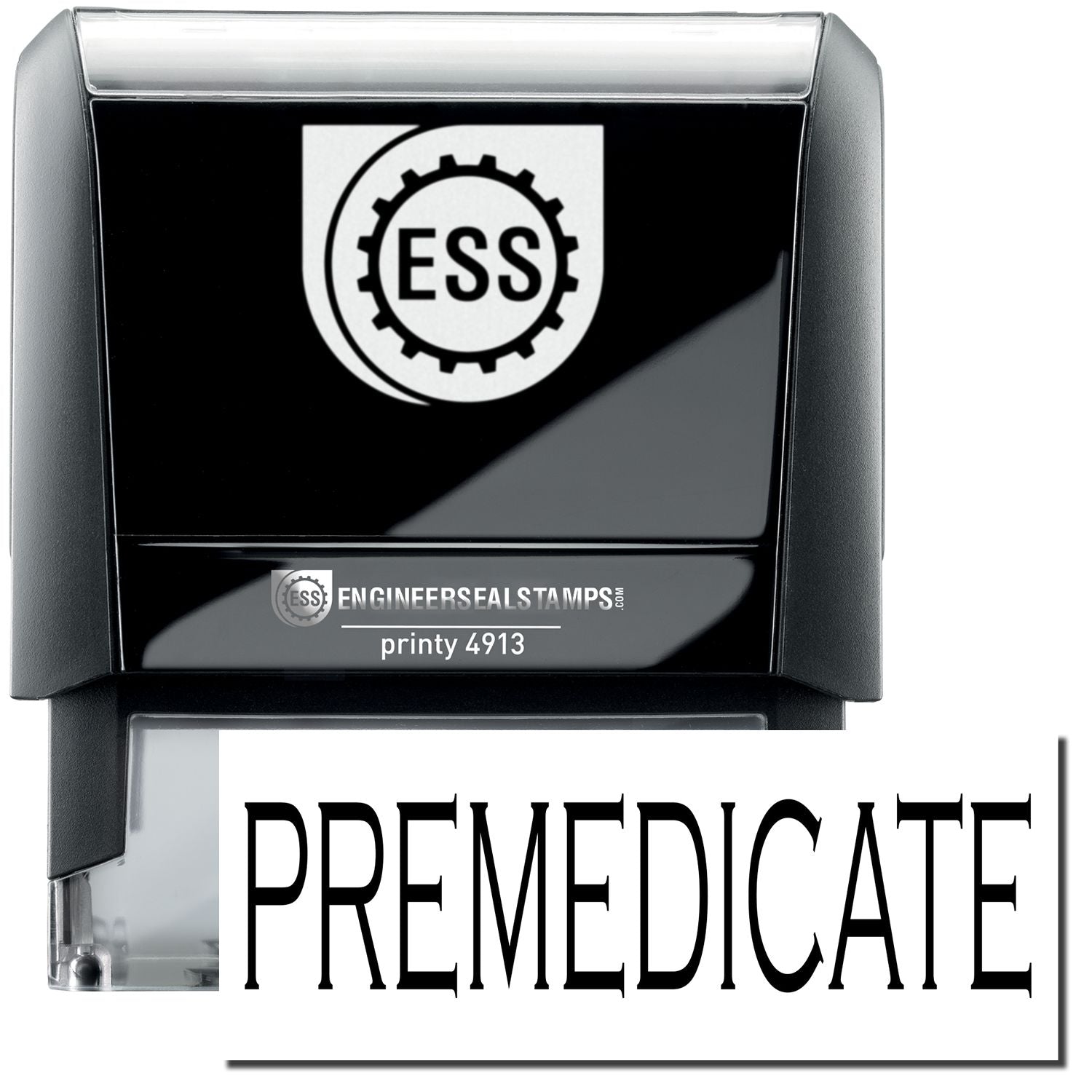 A self-inking stamp with a stamped image showing how the text PREMEDICATE in a large bold font is displayed by it.