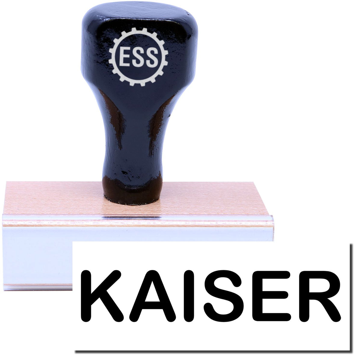 A stock office rubber stamp with a stamped image showing how the text &quot;KAISER&quot; in a large font is displayed after stamping.