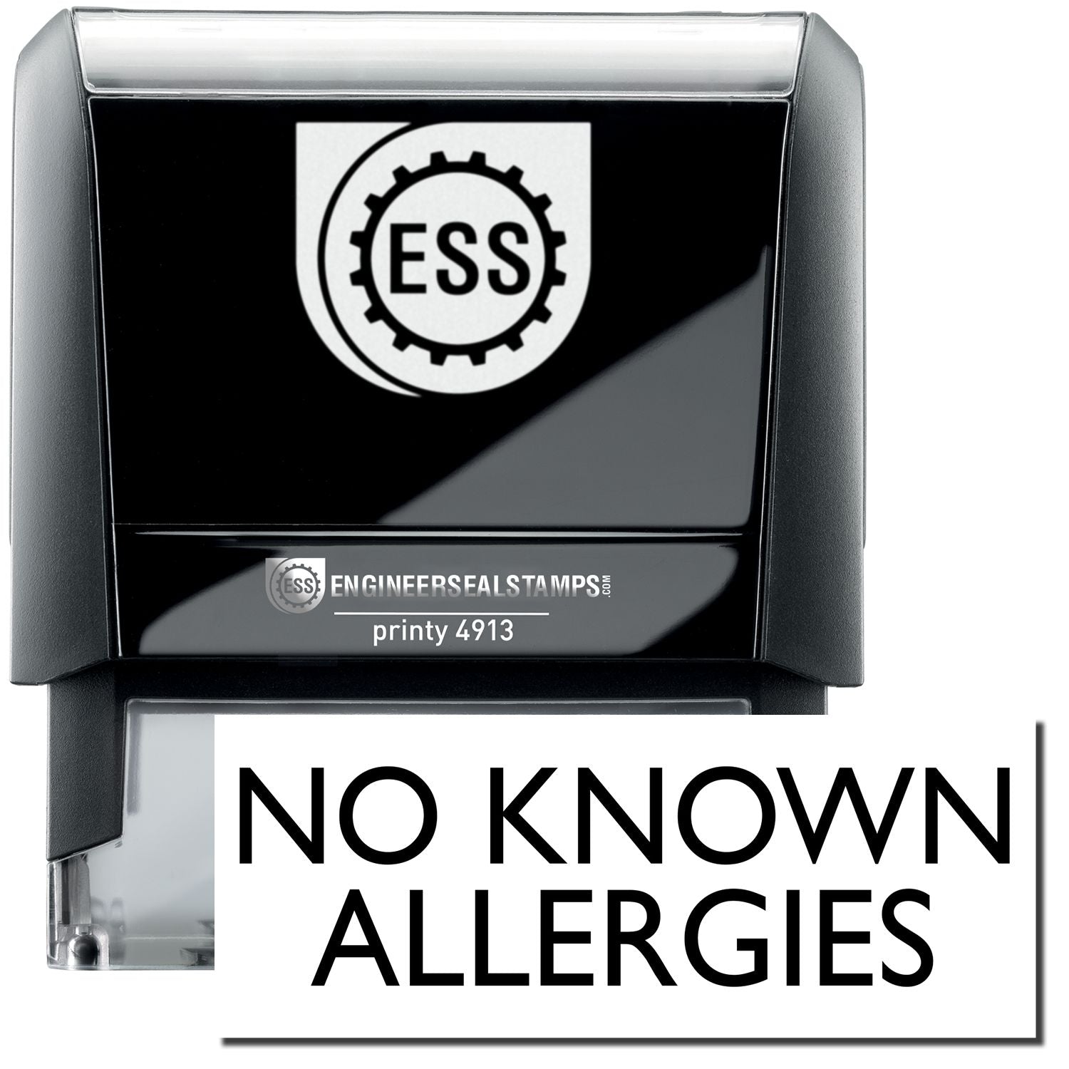 A self-inking stamp with a stamped image showing how the text NO KNOWN ALLERGIES in a large bold font is displayed by it.