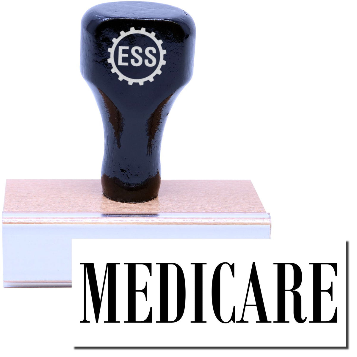 A stock office rubber stamp with a stamped image showing how the text &quot;MEDICARE&quot; in a large font is displayed after stamping.