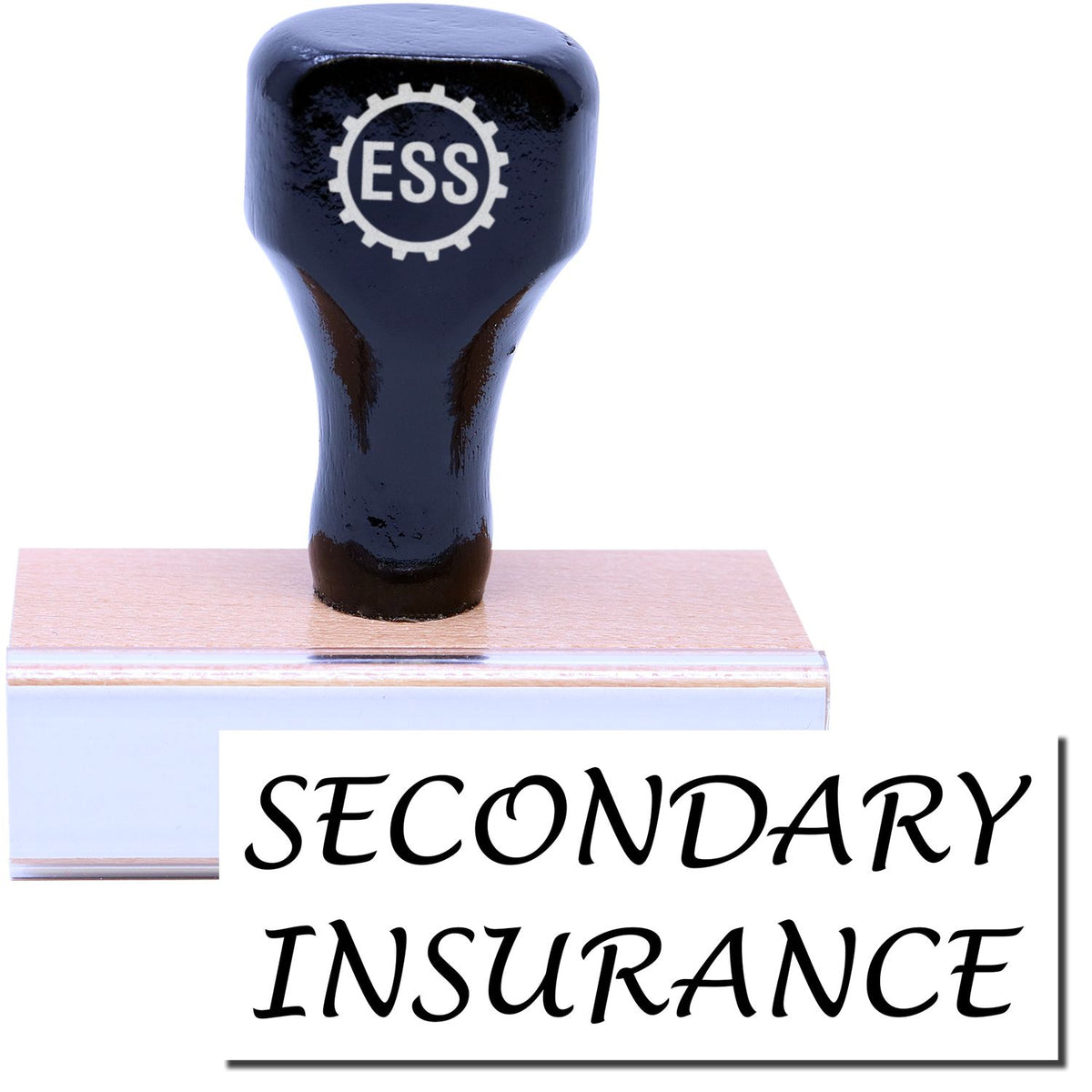 A stock office rubber stamp with a stamped image showing how the text &quot;SECONDARY INSURANCE&quot; in a large font is displayed after stamping.