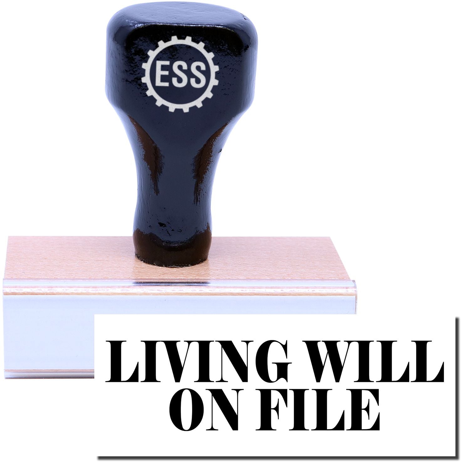A stock office rubber stamp with a stamped image showing how the text "LIVING WILL ON FILE" in a large font is displayed after stamping.