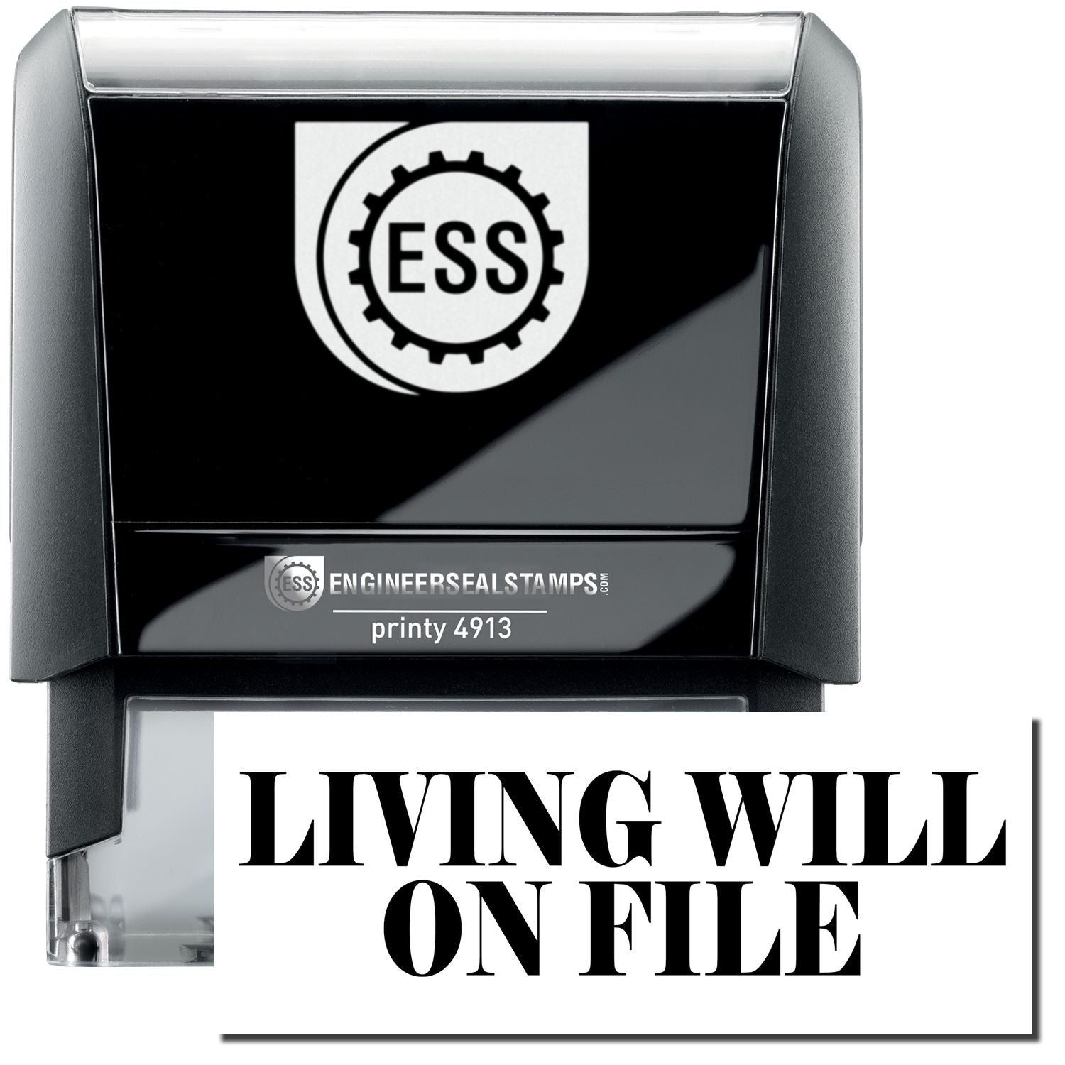 A self-inking stamp with a stamped image showing how the text LIVING WILL ON FILE in a large bold font is displayed by it.