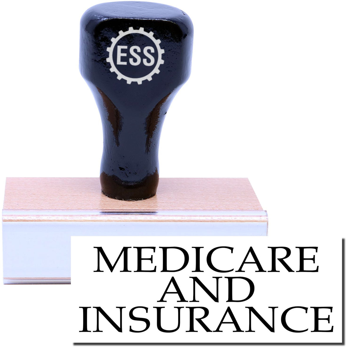 A stock office rubber stamp with a stamped image showing how the text &quot;MEDICARE AND INSURANCE&quot; in a large font is displayed after stamping.