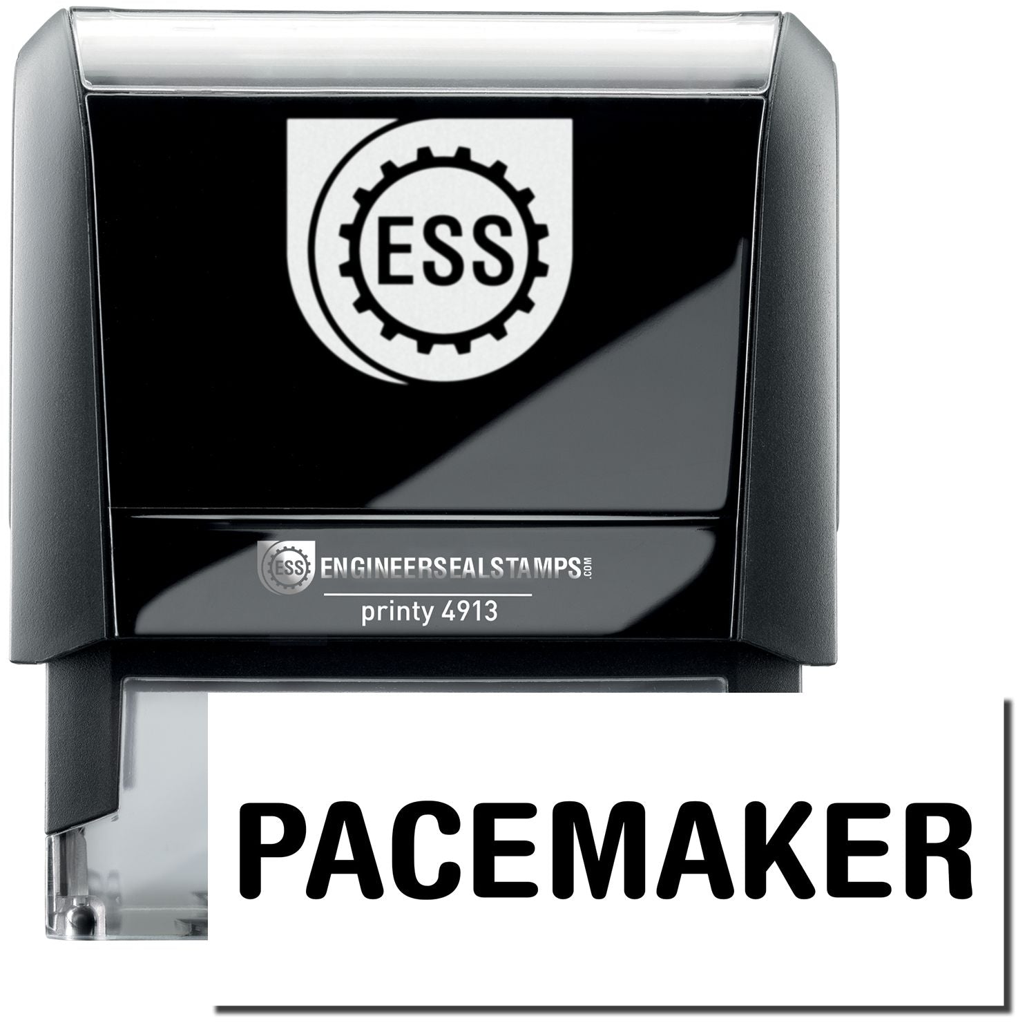 A self-inking stamp with a stamped image showing how the text PACEMAKER in a large bold font is displayed by it.