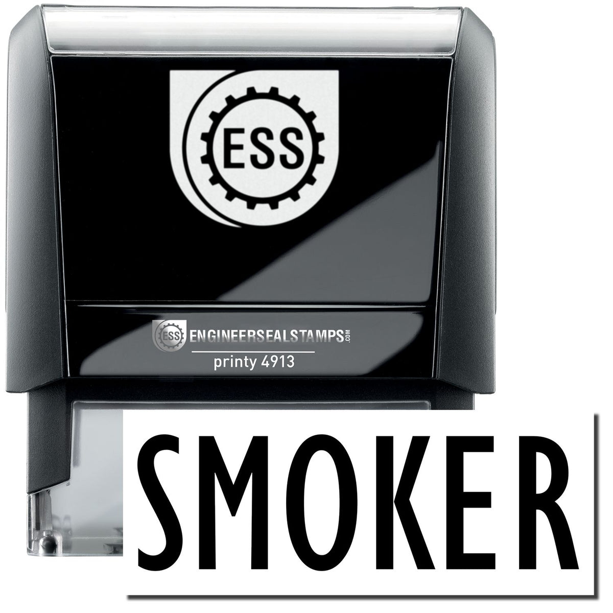A self-inking stamp with a stamped image showing how the text &quot;SMOKER&quot; in a large bold font is displayed by it.