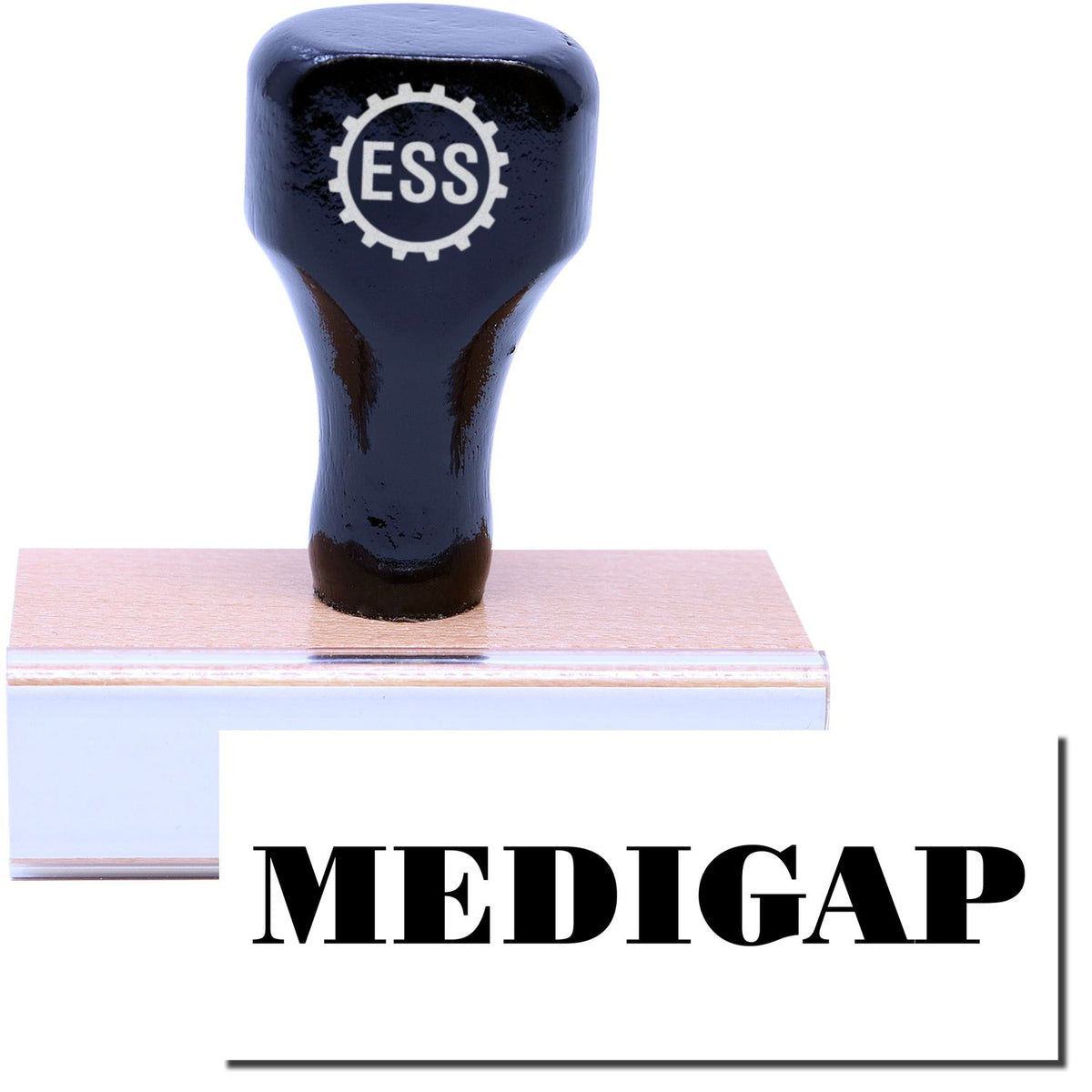 A stock office rubber stamp with a stamped image showing how the text &quot;MEDIGAP&quot; in a large font is displayed after stamping.