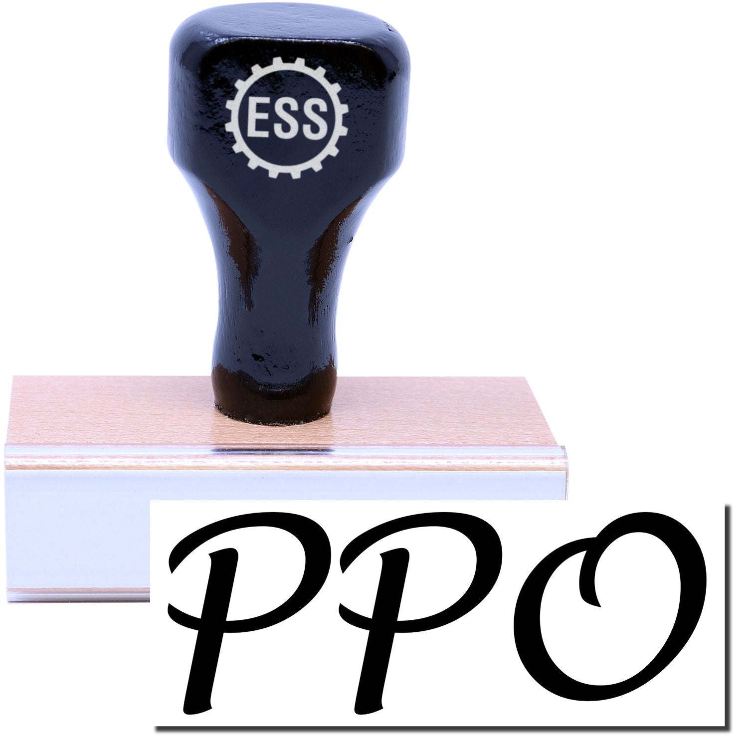 A stock office rubber stamp with a stamped image showing how the text "PPO" in a large font is displayed after stamping.