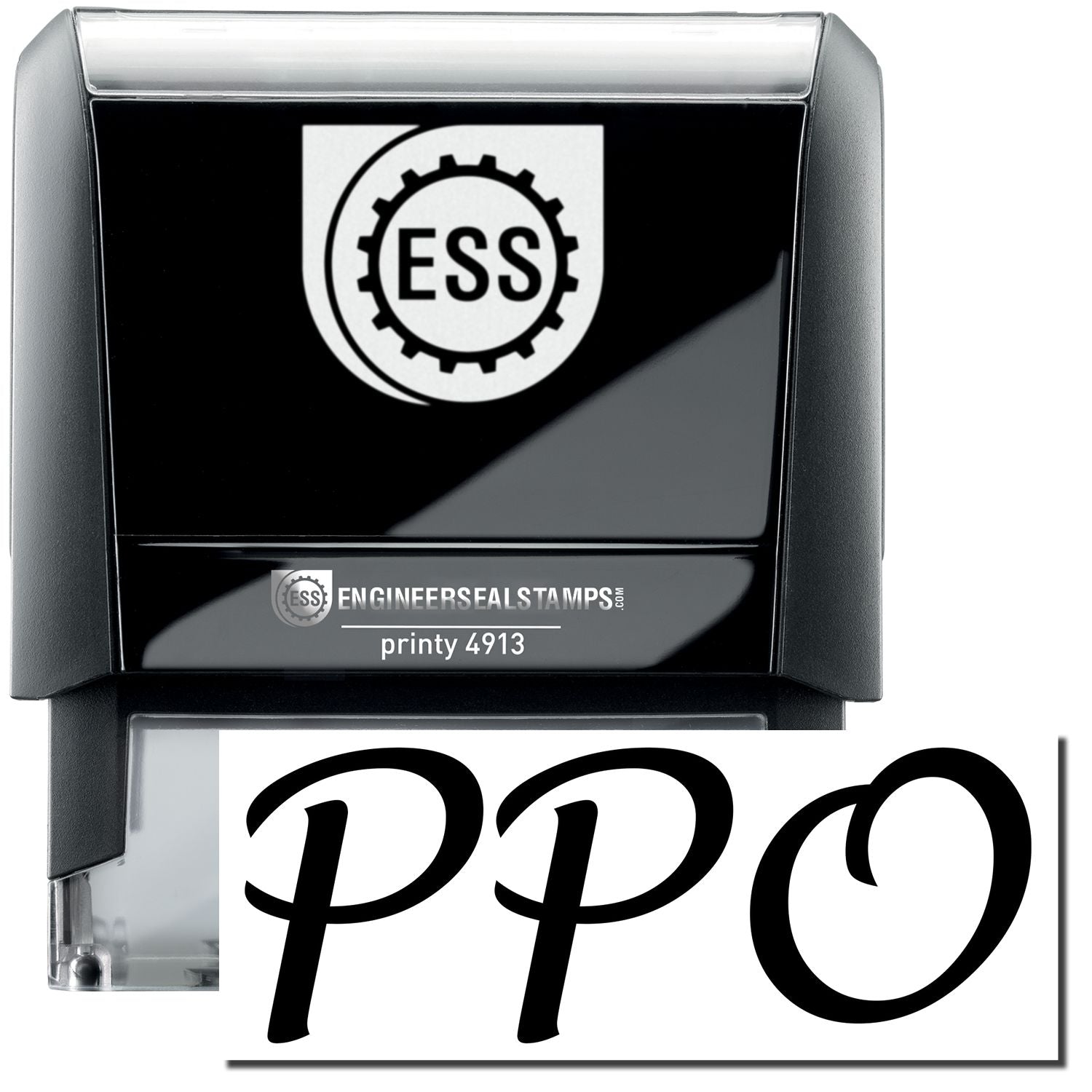 A self-inking stamp with a stamped image showing how the text PPO in a large bold font is displayed by it.