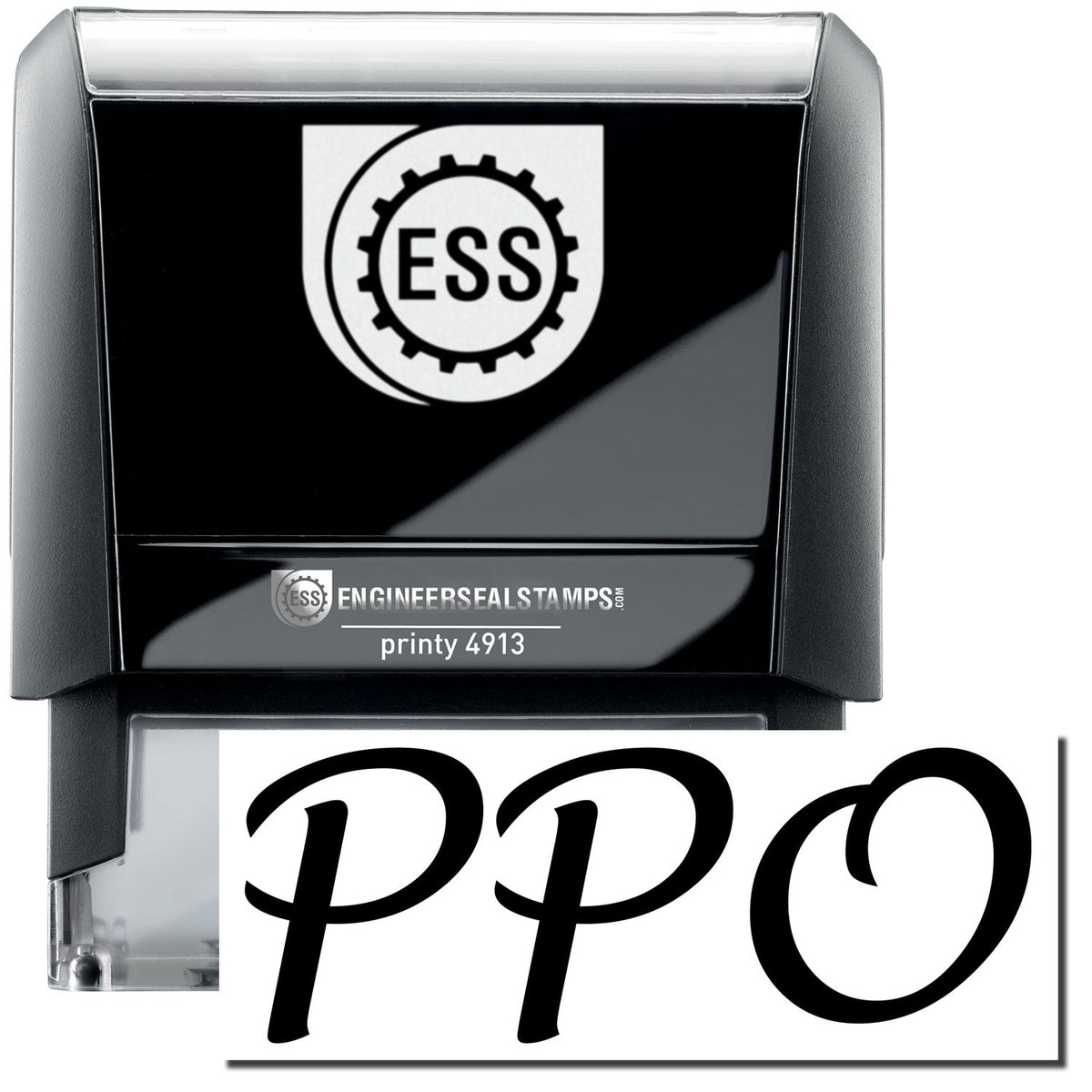 A self-inking stamp with a stamped image showing how the text &quot;PPO&quot; in a large bold font is displayed by it.