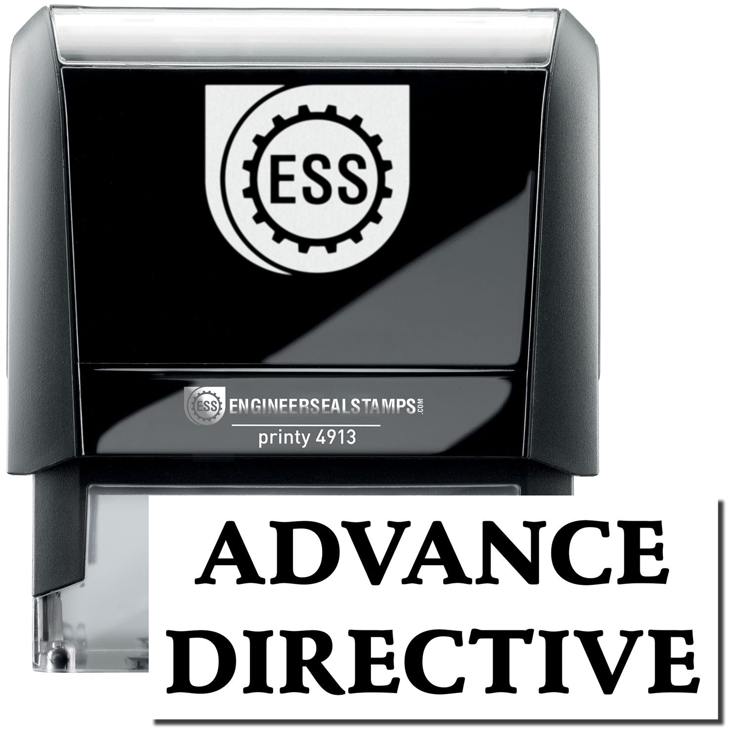 A self-inking stamp with a stamped image showing how the text ADVANCE DIRECTIVE in a large bold font is displayed by it.