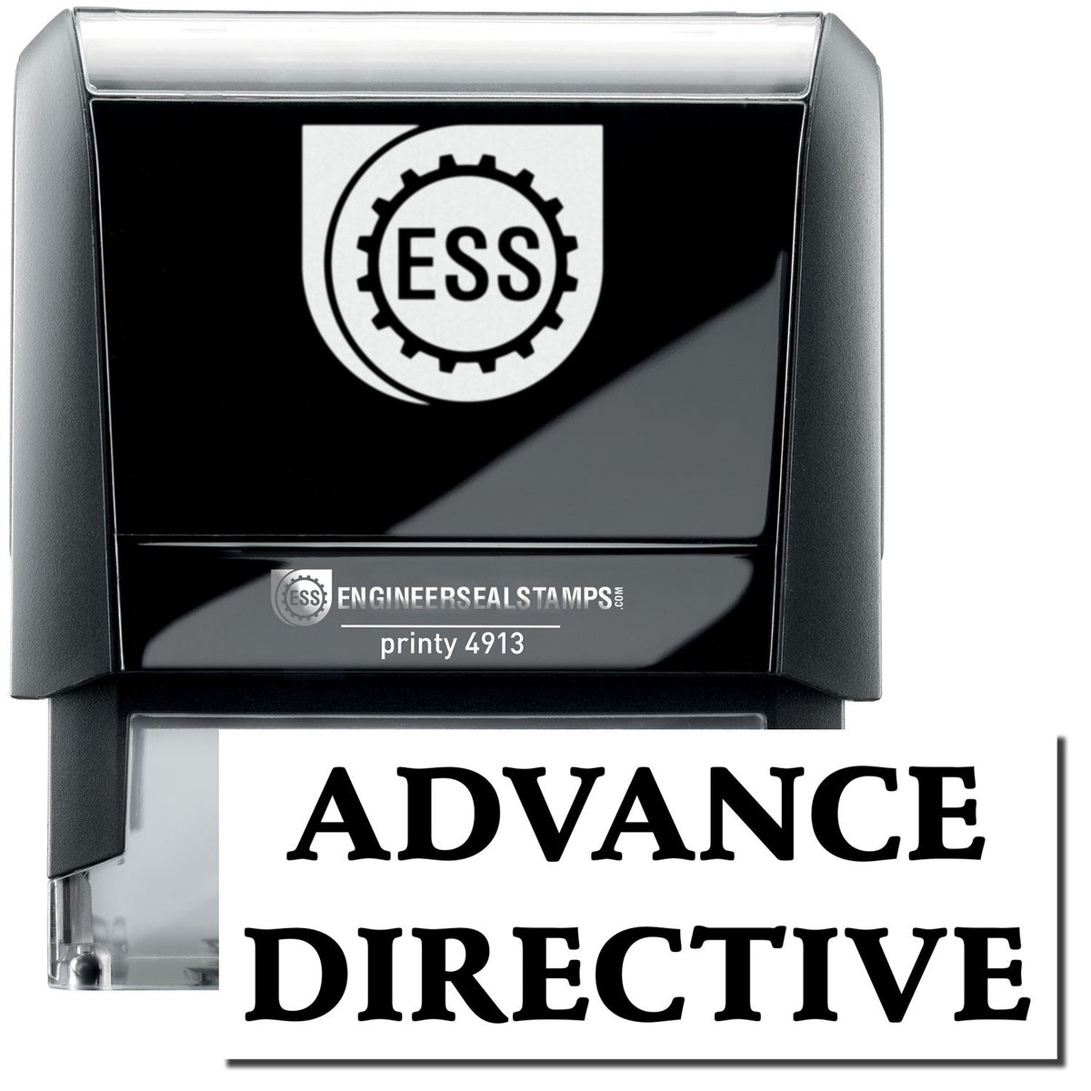 A self-inking stamp with a stamped image showing how the text &quot;ADVANCE DIRECTIVE&quot; in a large bold font is displayed by it.