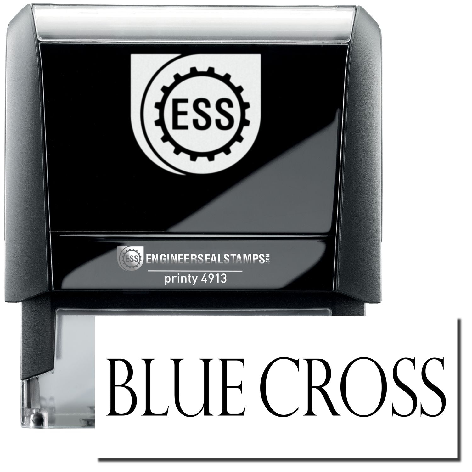 A self-inking stamp with a stamped image showing how the text BLUE CROSS in a large font is displayed by it.