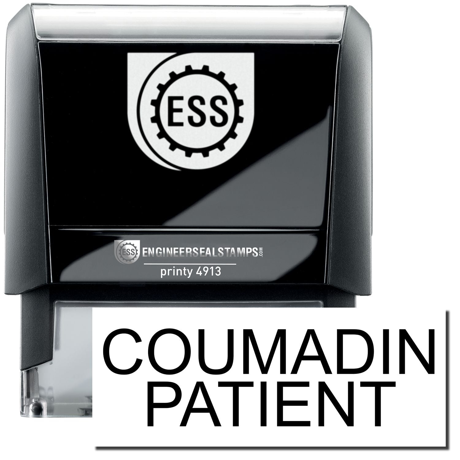 A self-inking stamp with a stamped image showing how the text COUMADIN PATIENT in a large bold font is displayed by it.