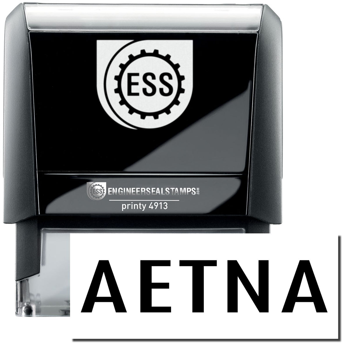 A self-inking stamp with a stamped image showing how the text &quot;AETNA&quot; in a large bold font is displayed by it.