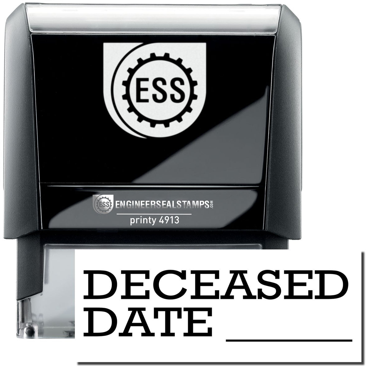 A self-inking stamp with a stamped image showing how the text &quot;DECEASED DATE&quot; in a large bold font is displayed by it with a dash where the date can be mentioned.