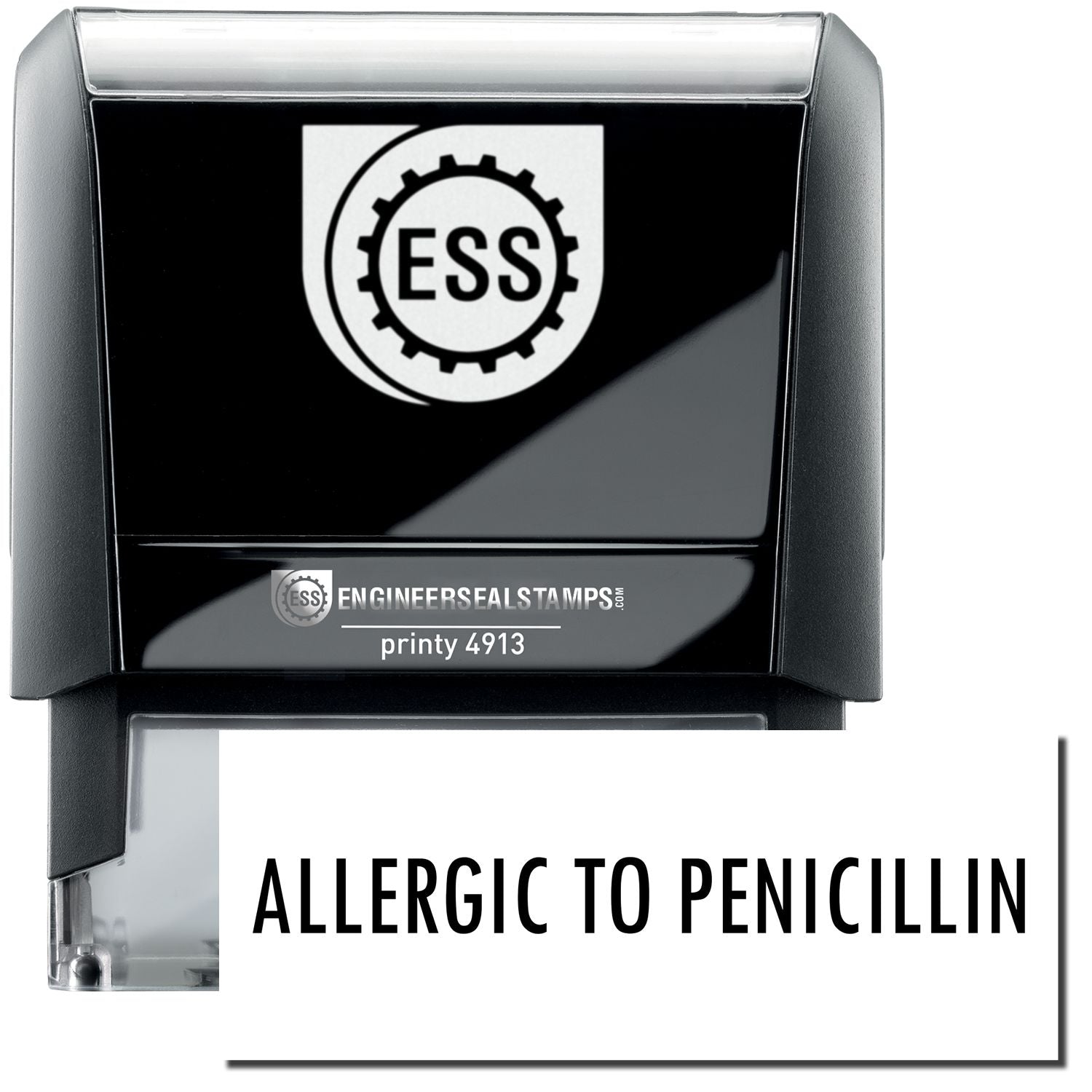 A self-inking stamp with a stamped image showing how the text "ALLERGIC TO PENICILLIN" in a large bold font is displayed by it.