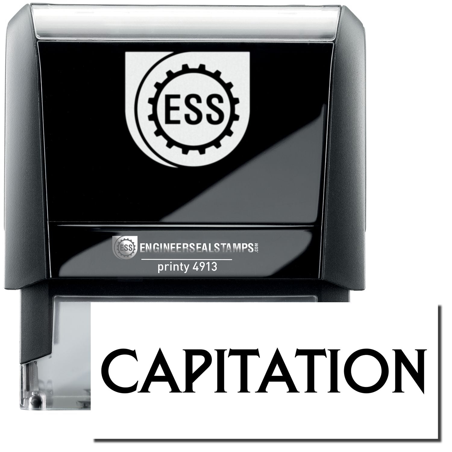 A self-inking stamp with a stamped image showing how the text "CAPITATION" in a large bold font is displayed by it.