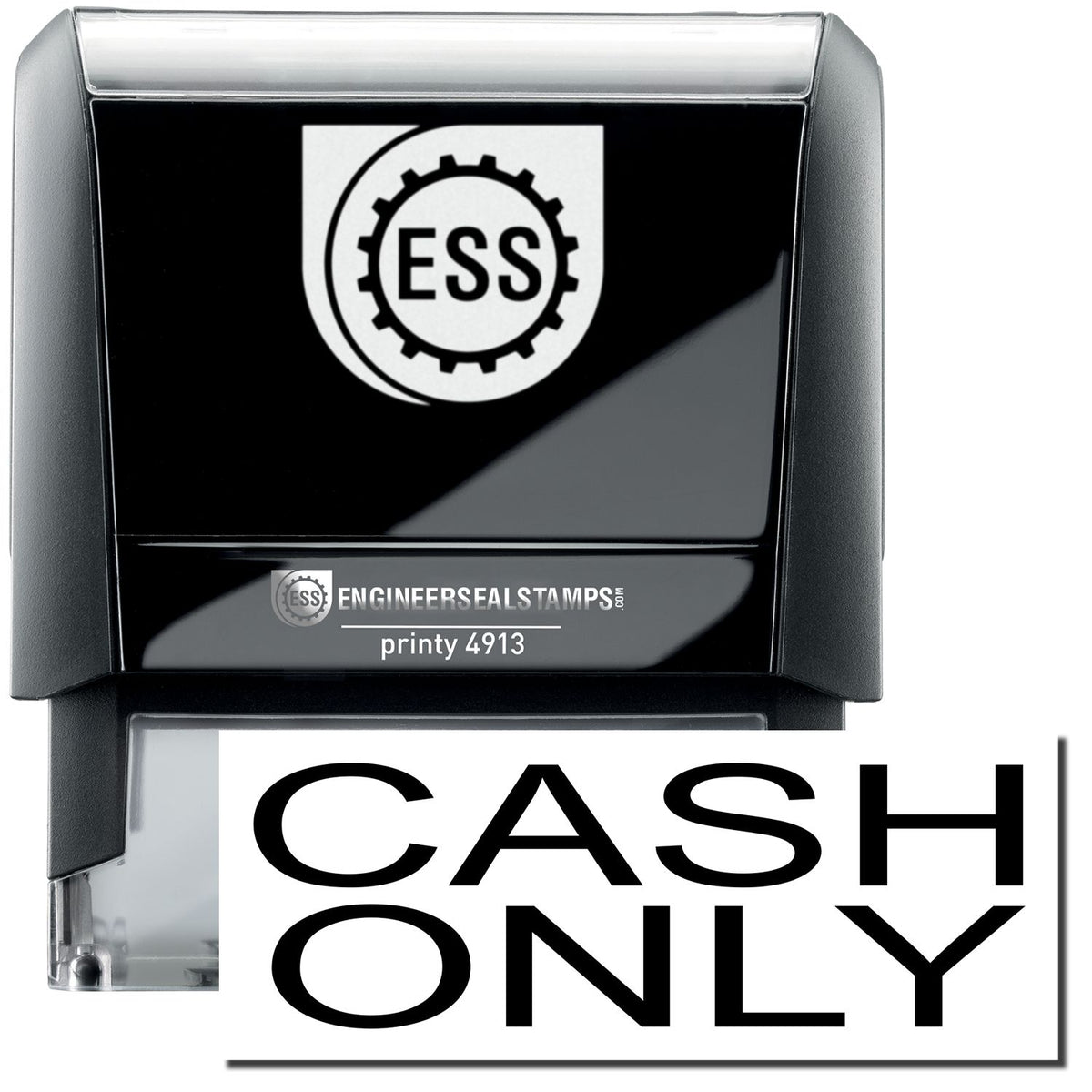 A self-inking stamp with a stamped image showing how the text &quot;CASH ONLY&quot; in a large bold font is displayed by it.