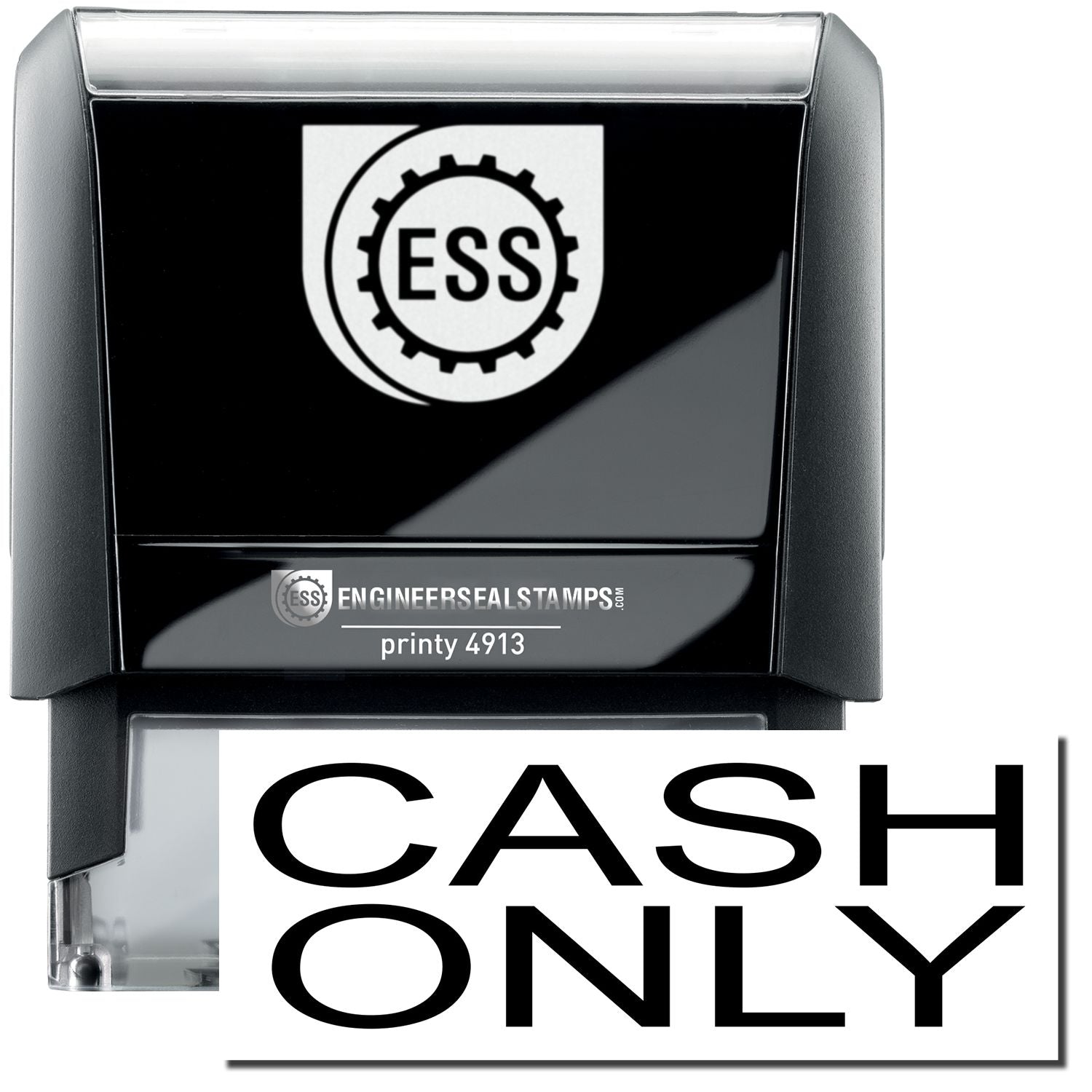 A self-inking stamp with a stamped image showing how the text "CASH ONLY" in a large bold font is displayed by it.