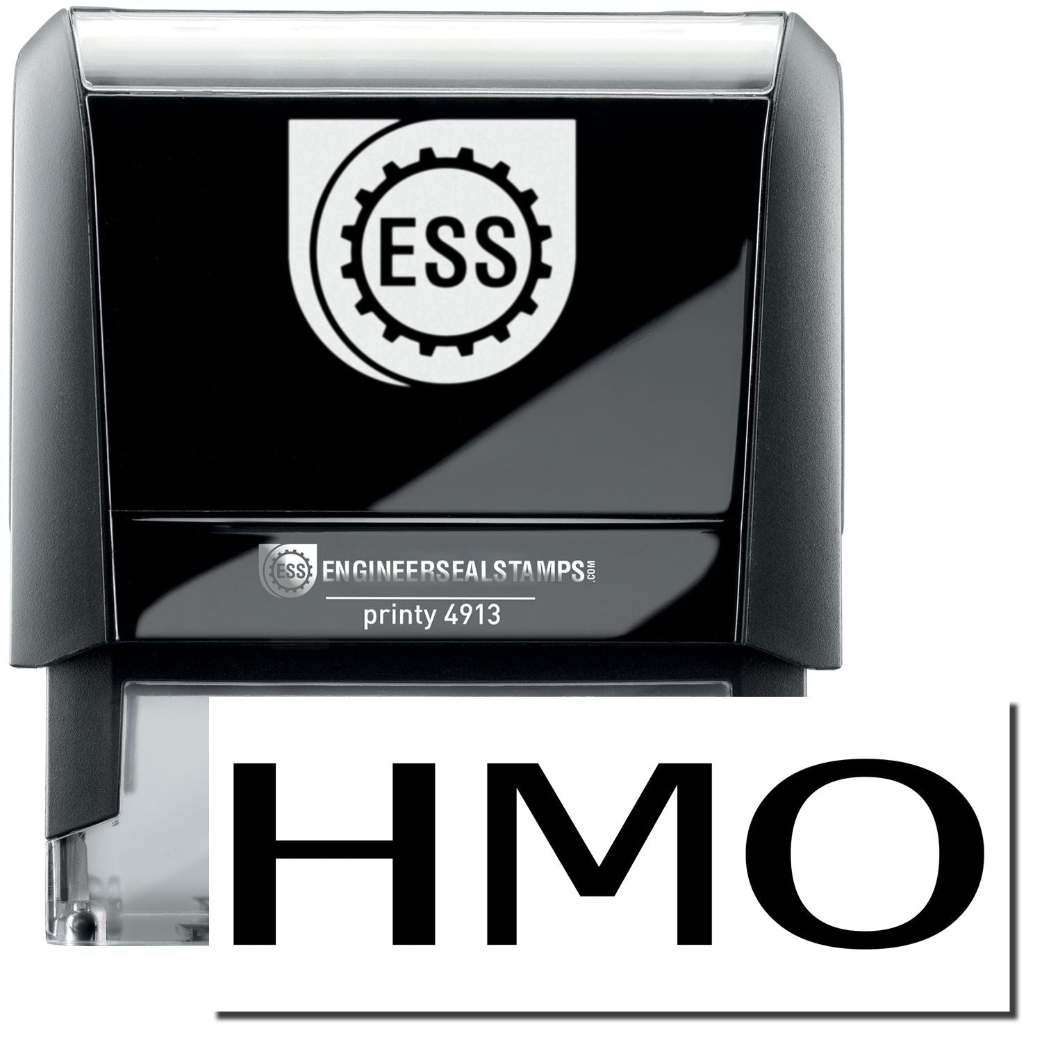 A self-inking stamp with a stamped image showing how the text "HMO" in a large bold font is displayed by it.
