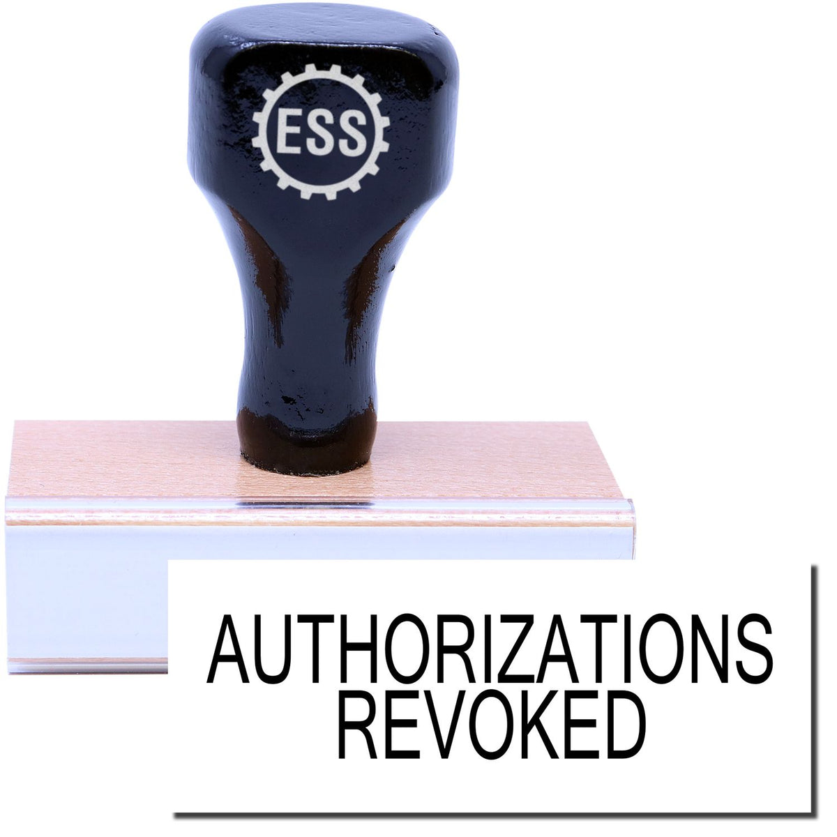 A stock office rubber stamp with a stamped image showing how the text &quot;AUTHORIZATIONS REVOKED&quot; in a large font is displayed after stamping.