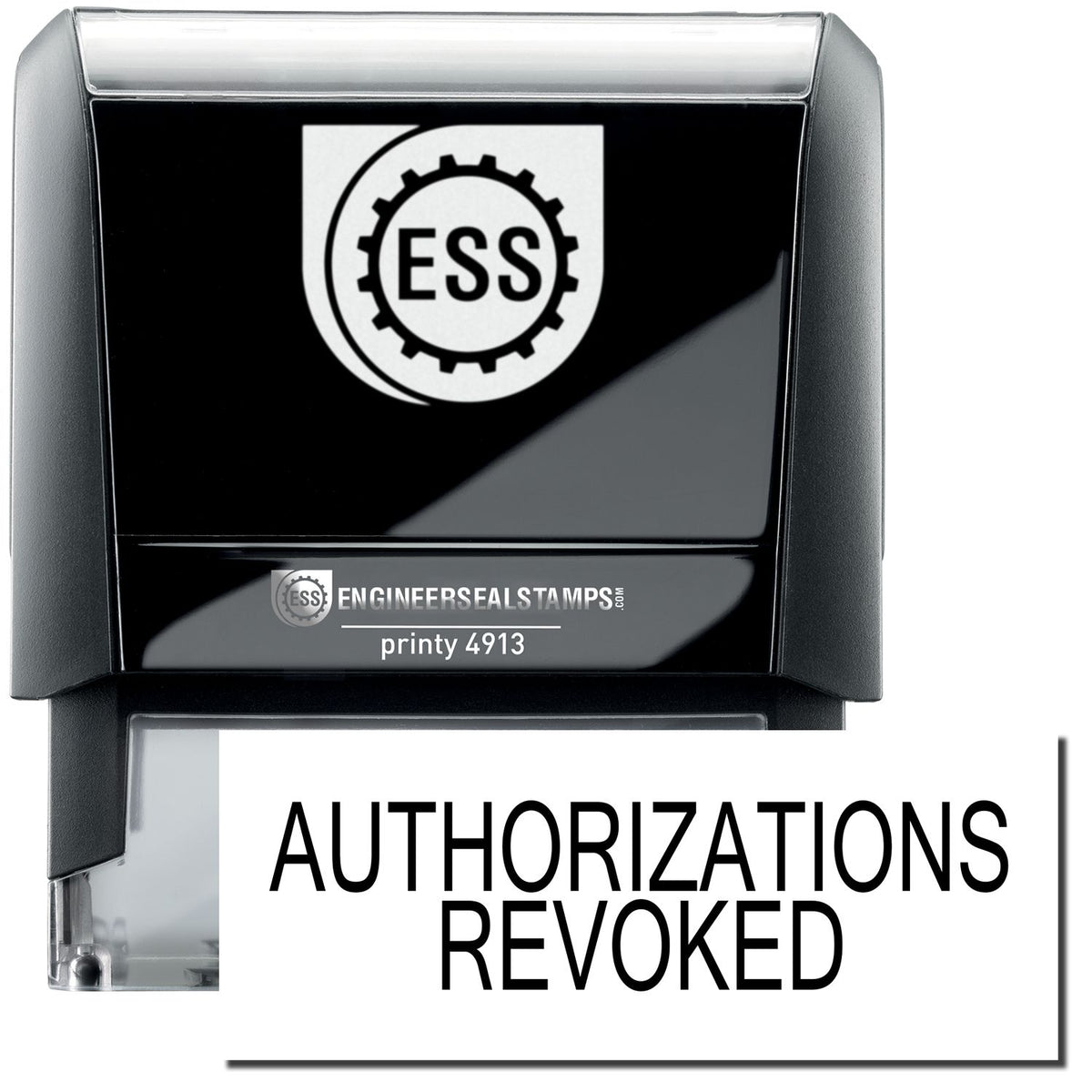A self-inking stamp with a stamped image showing how the text &quot;AUTHORIZATIONS REVOKED&quot; in a large bold font is displayed by it.