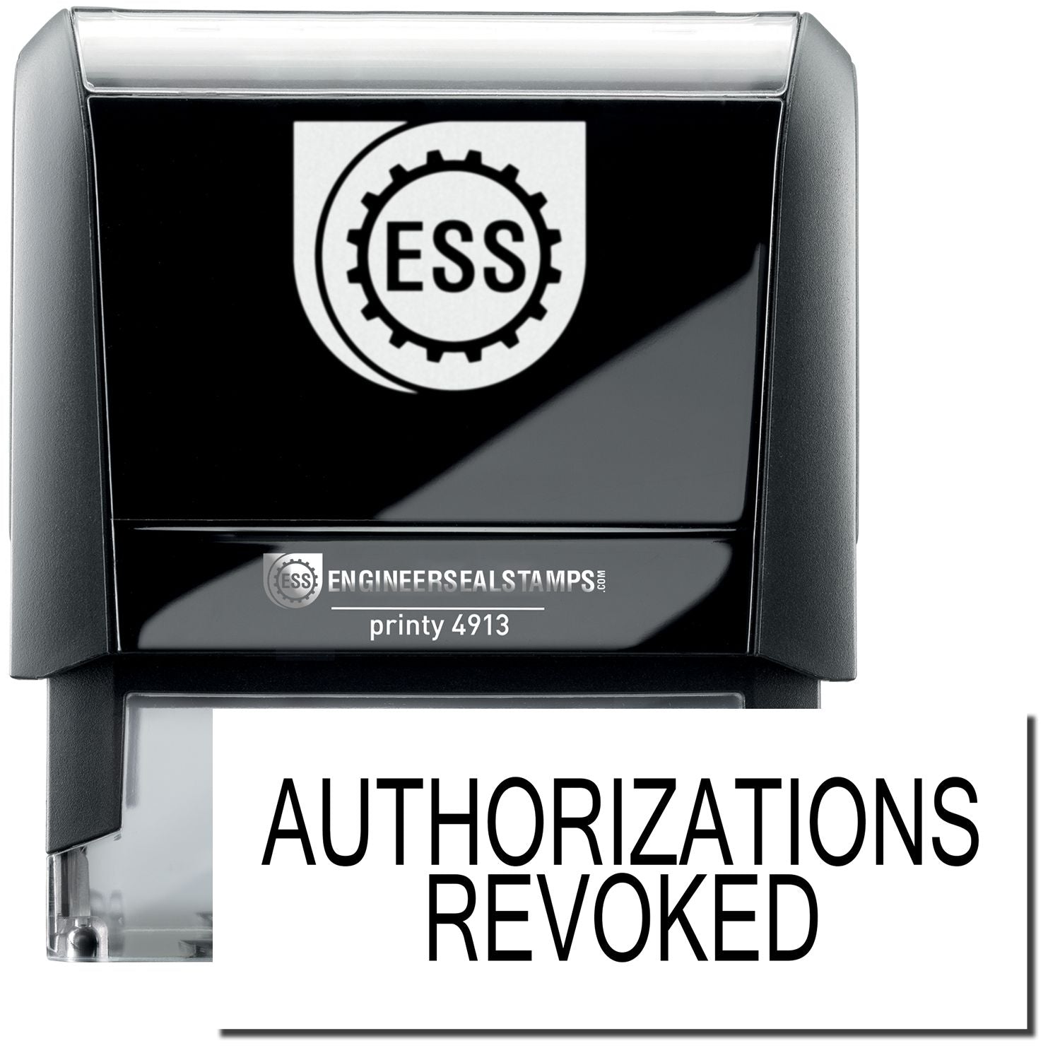 A self-inking stamp with a stamped image showing how the text "AUTHORIZATIONS REVOKED" in a large bold font is displayed by it.