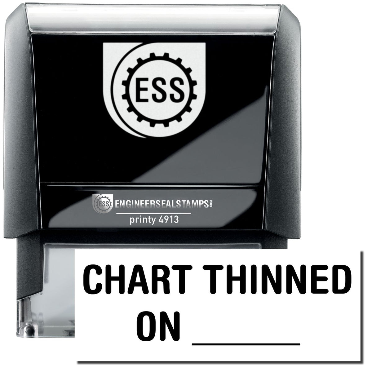 A self-inking stamp with a stamped image showing how the text &quot;CHART THINNED ON&quot; (in a large bold font) with a line is displayed by it.