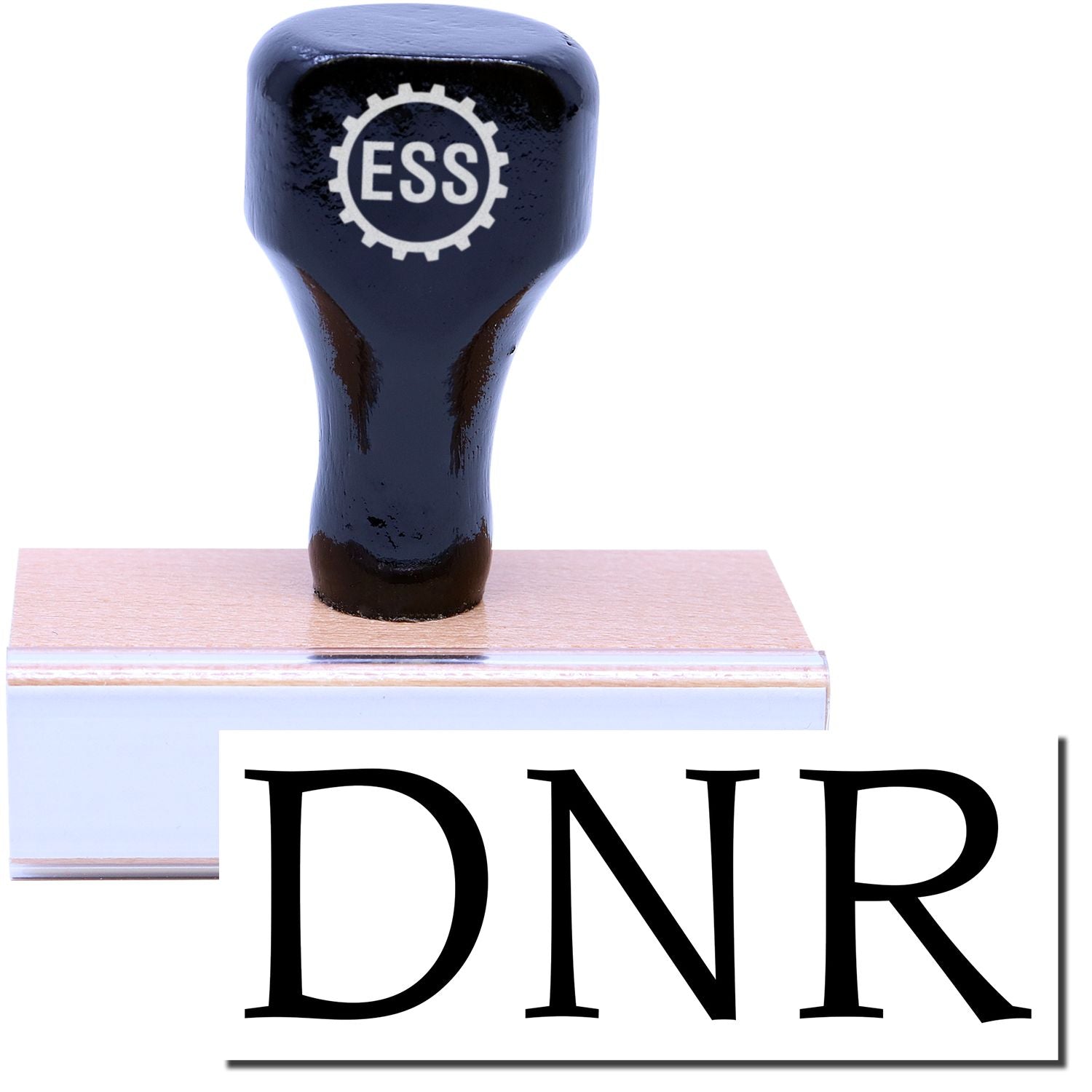 A stock office rubber stamp with a stamped image showing how the text DNR in a large font is displayed after stamping.