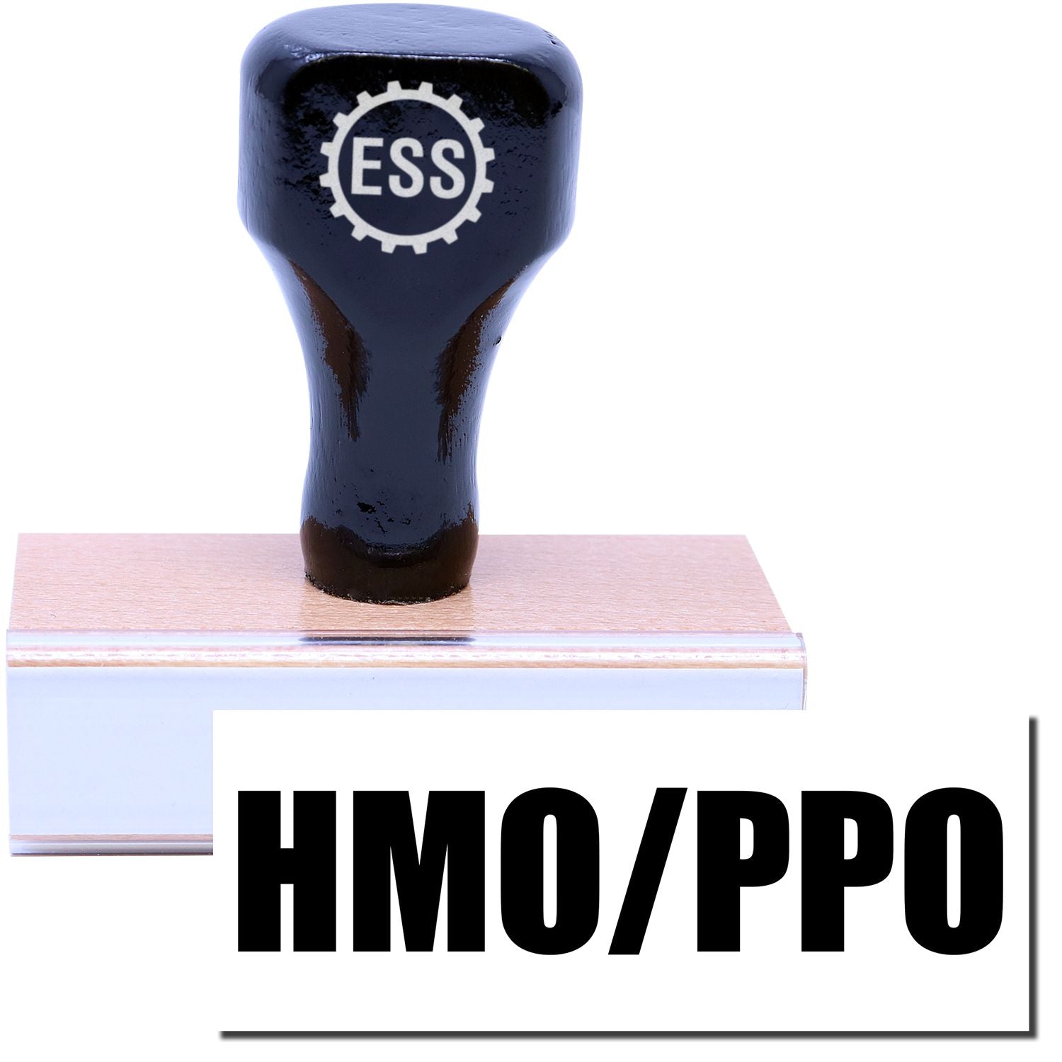 A stock office rubber stamp with a stamped image showing how the text HMO/PPO in a large font is displayed after stamping.