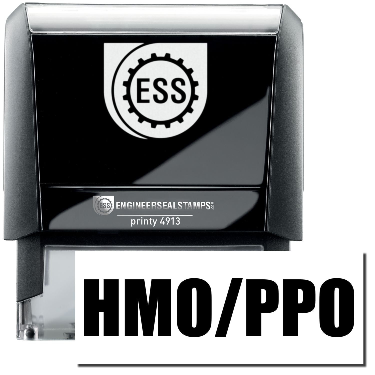 A self-inking stamp with a stamped image showing how the text "HMO/PPO" in a large bold font is displayed by it.
