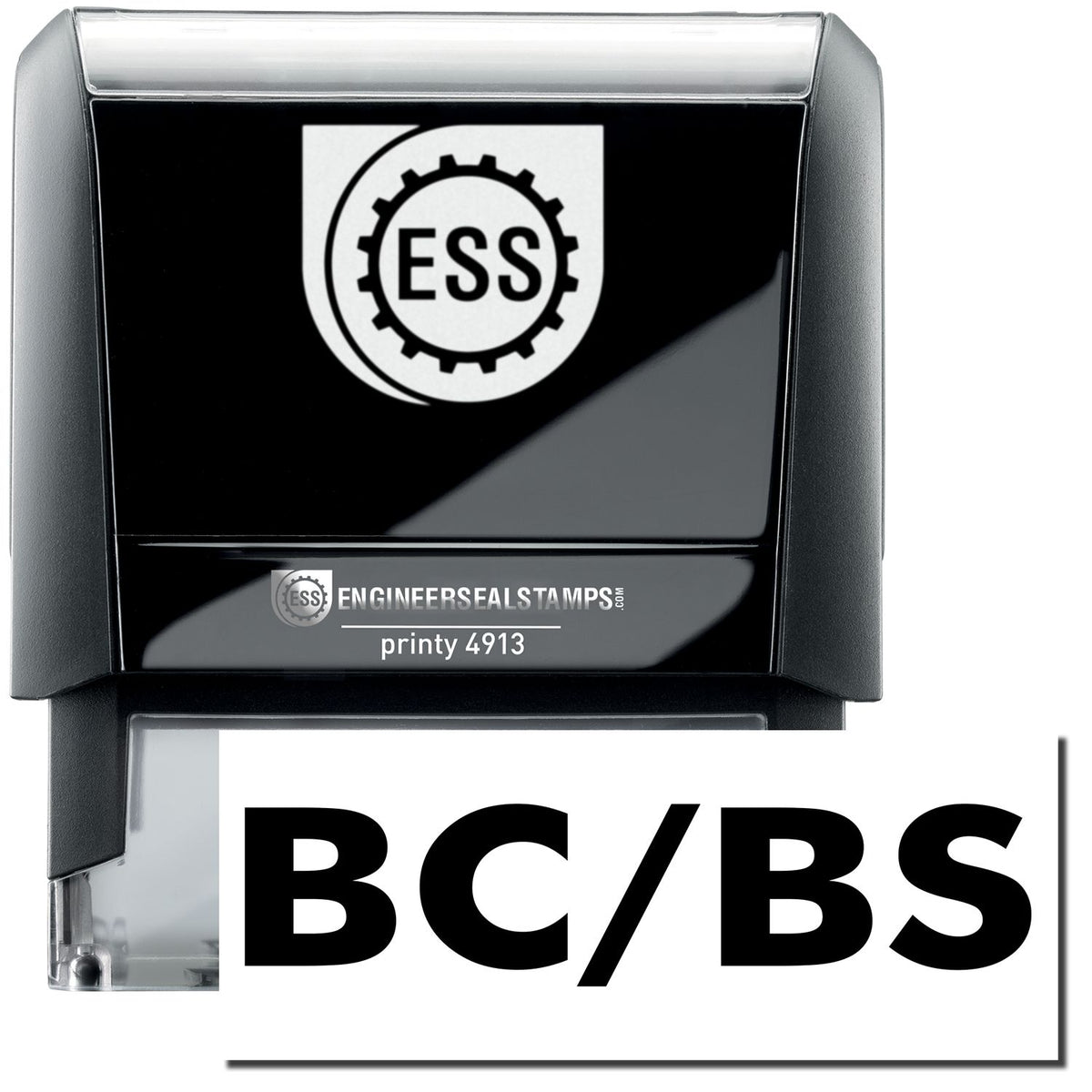 A self-inking stamp with a stamped image showing how the text &quot;BC/BS&quot; in a large bold font is displayed by it.