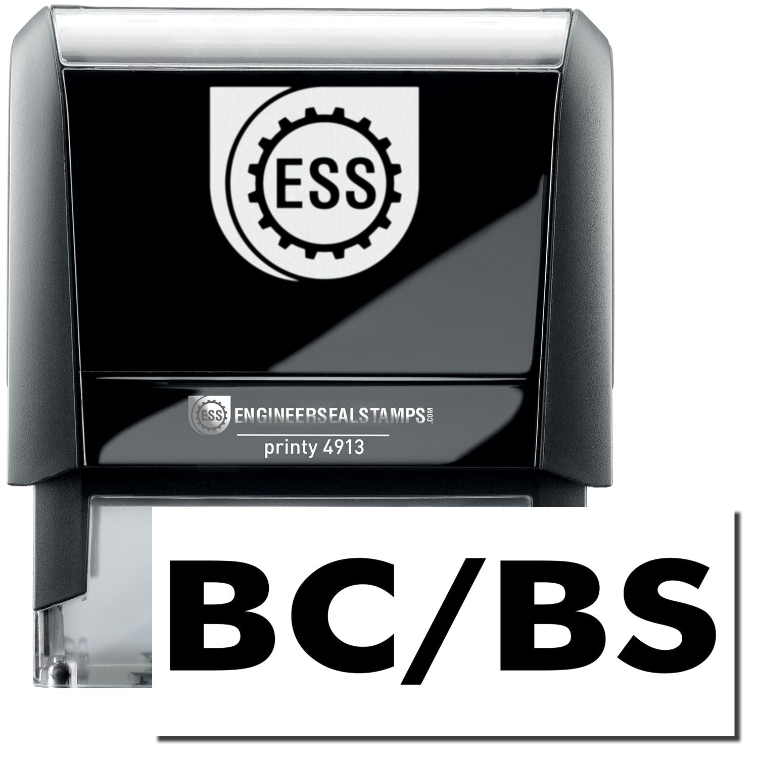 A self-inking stamp with a stamped image showing how the text "BC/BS" in a large bold font is displayed by it.