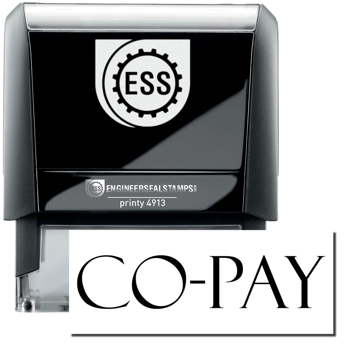 A self-inking stamp with a stamped image showing how the text &quot;CO-PAY&quot; in a large bold font is displayed by it.