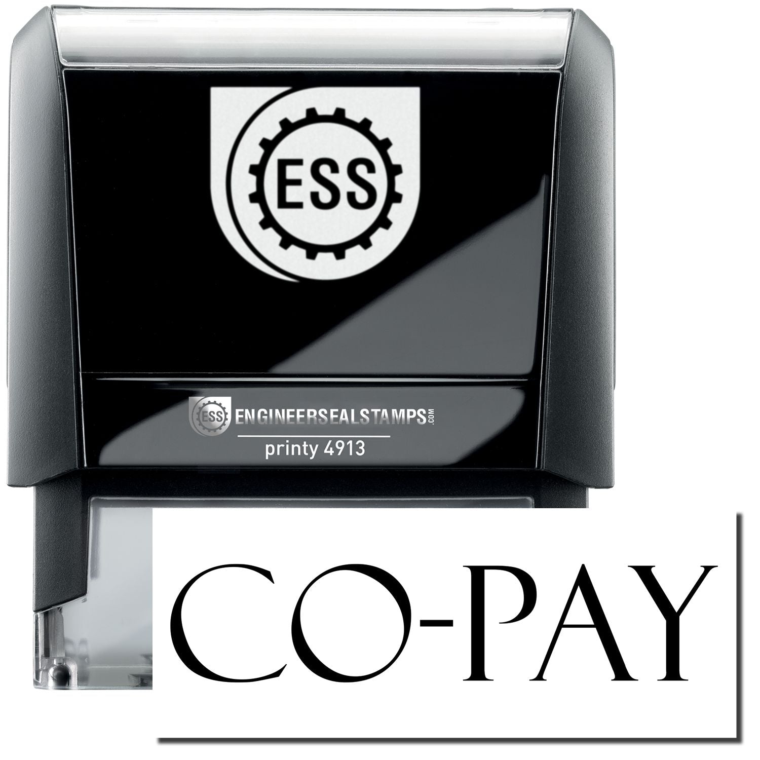 A self-inking stamp with a stamped image showing how the text "CO-PAY" in a large bold font is displayed by it.
