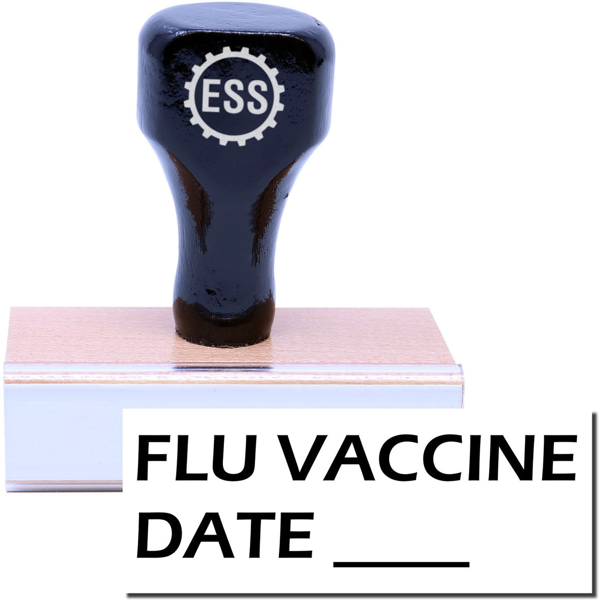 A stock office rubber stamp with a stamped image showing how the text &quot;FLU VACCINE DATE ____&quot; in a large font is displayed after stamping.