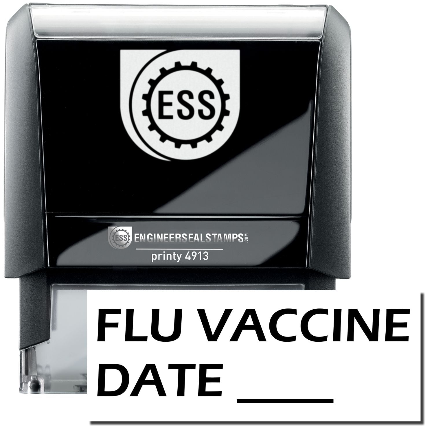 A self-inking stamp with a stamped image showing how the text "FLU VACCINE DATE" (in a large bold font) with a line (where the date can be written) is displayed by it.