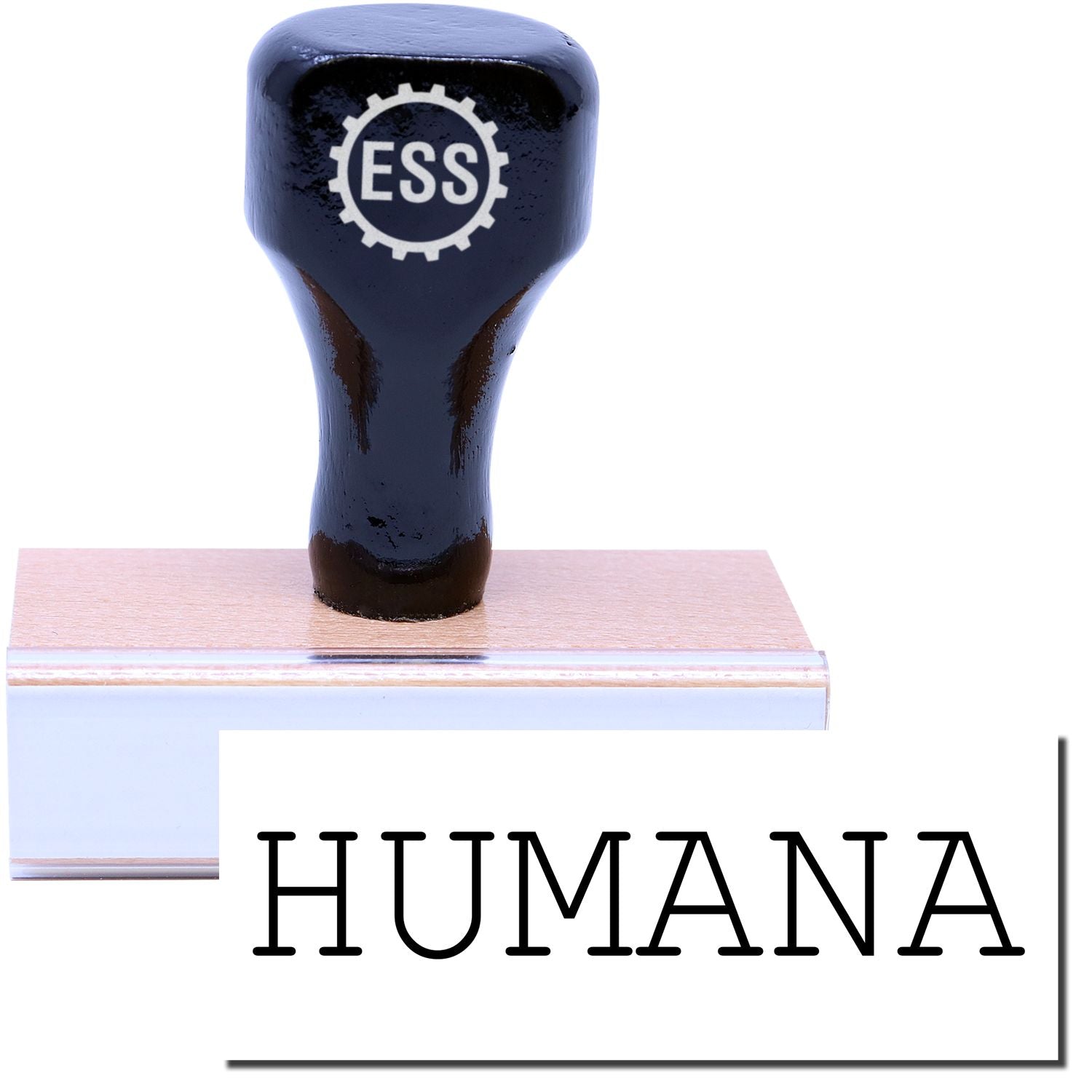 A stock office rubber stamp with a stamped image showing how the text HUMANA in a large font is displayed after stamping.