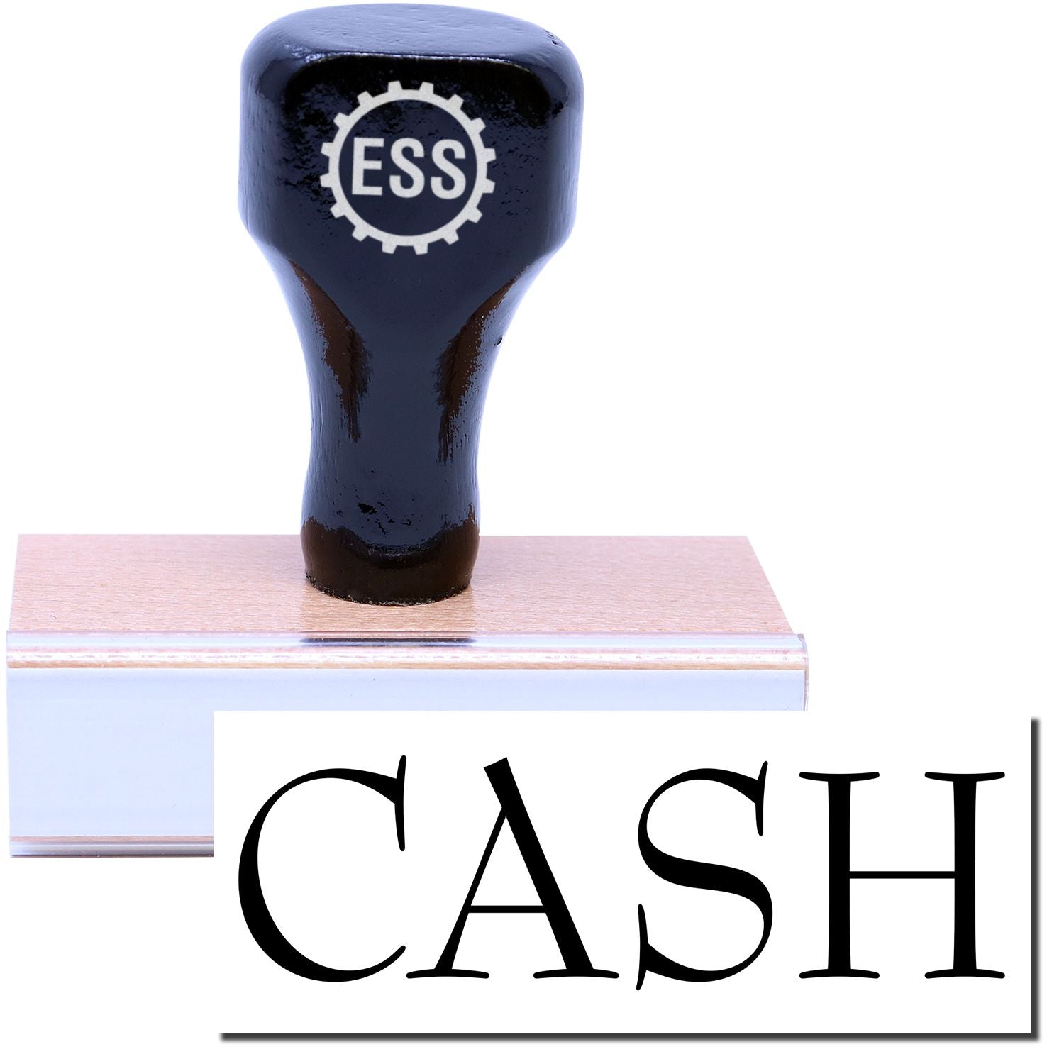 A stock office rubber stamp with a stamped image showing how the text CASH in a large font is displayed after stamping.