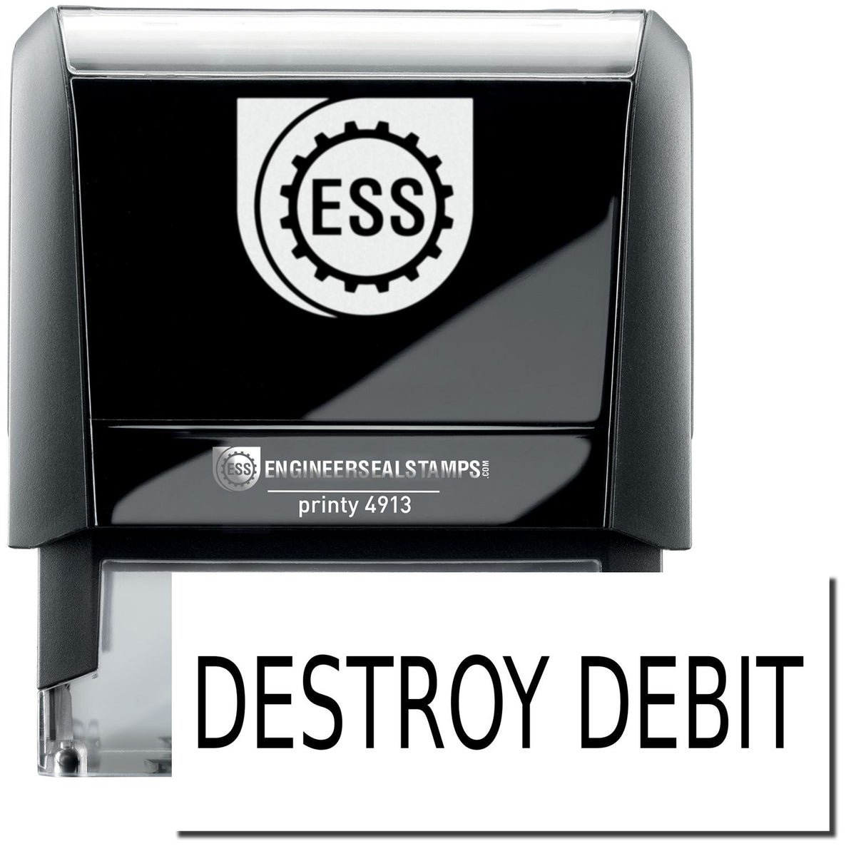 A self-inking stamp with a stamped image showing how the text &quot;DESTROY DEBIT&quot; in a large bold font is displayed by it.