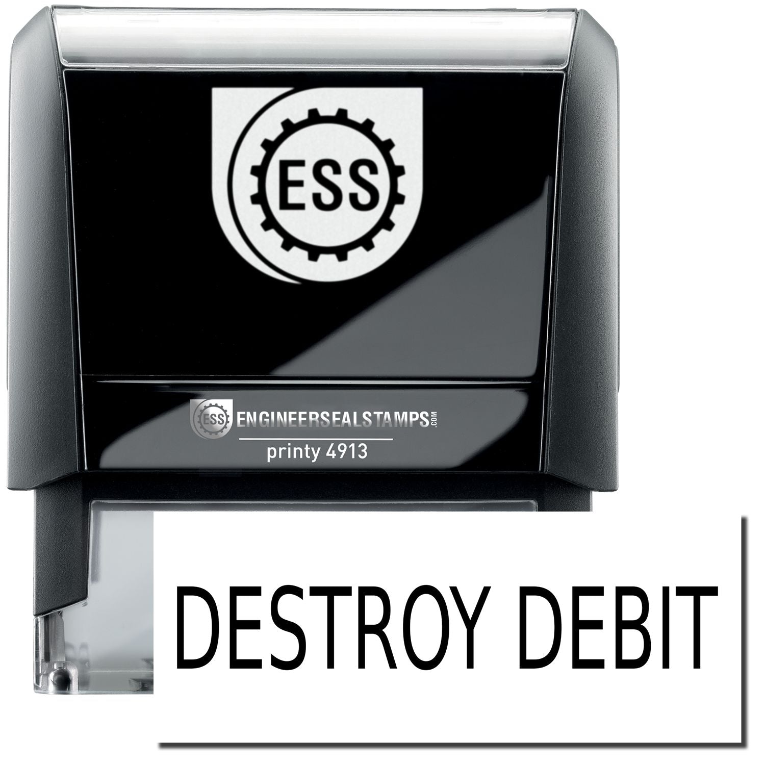 A self-inking stamp with a stamped image showing how the text "DESTROY DEBIT" in a large bold font is displayed by it.