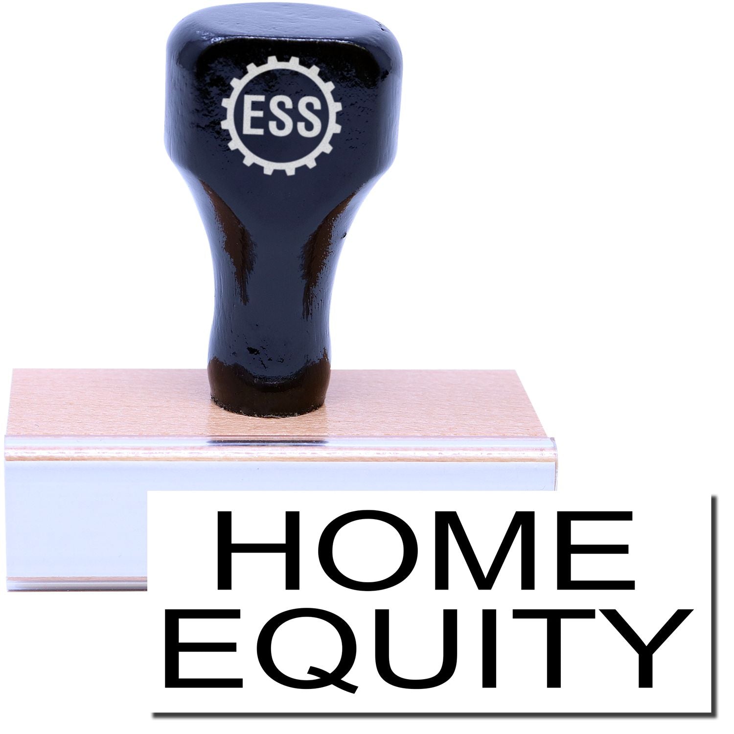 A stock office rubber stamp with a stamped image showing how the text HOME EQUITY in a large font is displayed after stamping.